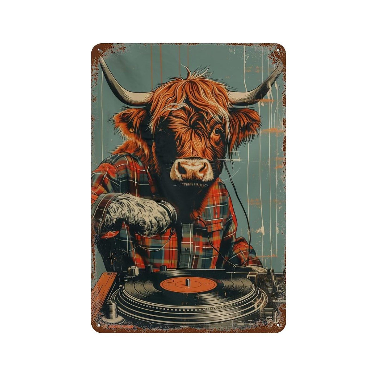 Highland Cow Disk Jockey 11.8"x7.9" Retro Metal Sign, Vintage Wall Decor for Office, Studio And Wall Decor