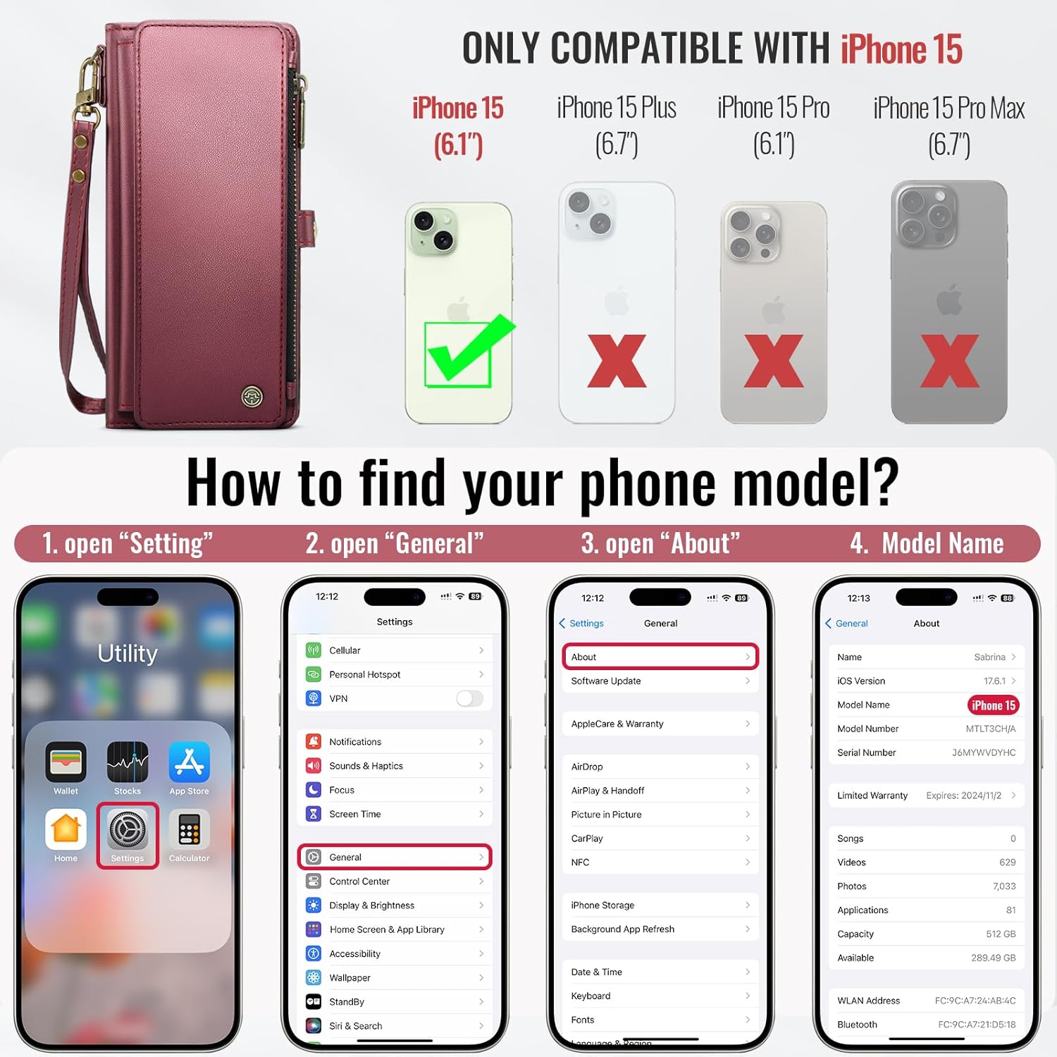Defencase Compatible with iPhone 15 Case Wallet with RFID Blocking Card Holder for Women and Men, Fashion PU Leather Magnetic Snap Flip Zipper Strap Wallet Phone Case Fit for iPhone 15 6.1", Wine Red