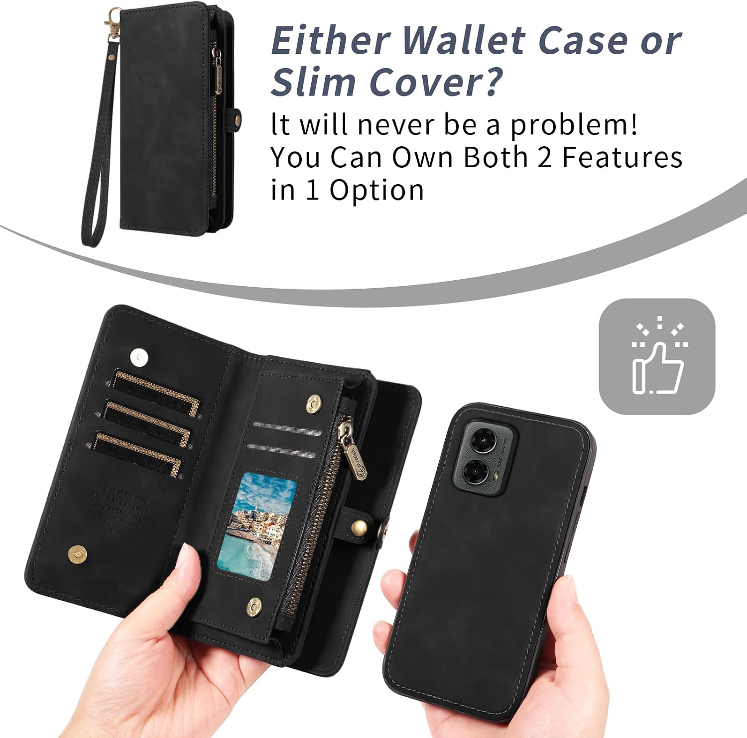 Asuwish Phone Case for Motorola Moto G 5G 2024 Zipper Wallet Detachable Cell Cover with Tempered Glass Screen Protector Crossbody Lanyard Strap Flip Card Holder Slot G5G 5 G G5 Women Men Girls Black