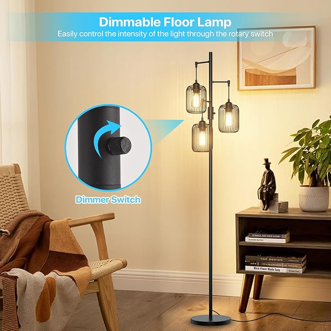 lumenfox Floor Lamps for Living Room Dimmable Floor Lamp with Cage Shade 70'' Standing Lamps for Living Room Corner Floor Light with 3 LED Bulbs Rustic Floor Lamp for Bedroom Office Industrial Modern photo 3