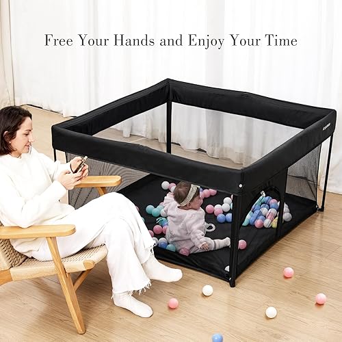 Miniatura 7 de ANGELBLISS Corralito plegable para bebés de 50 x 50 pulgadas con bolsa de transporte y bloqueo de seguridad, valla para bebés con certificación ASTM