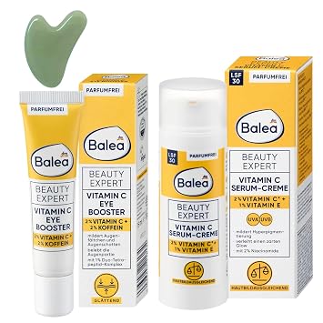 Balea Set of 2 - Beauty Expert Vitamin C Serum Cream SPF 30 50ml + Beauty Expert Vitamin C Eye Booster Eye Cream 15ml + Bonus Gua Sha Face Massager