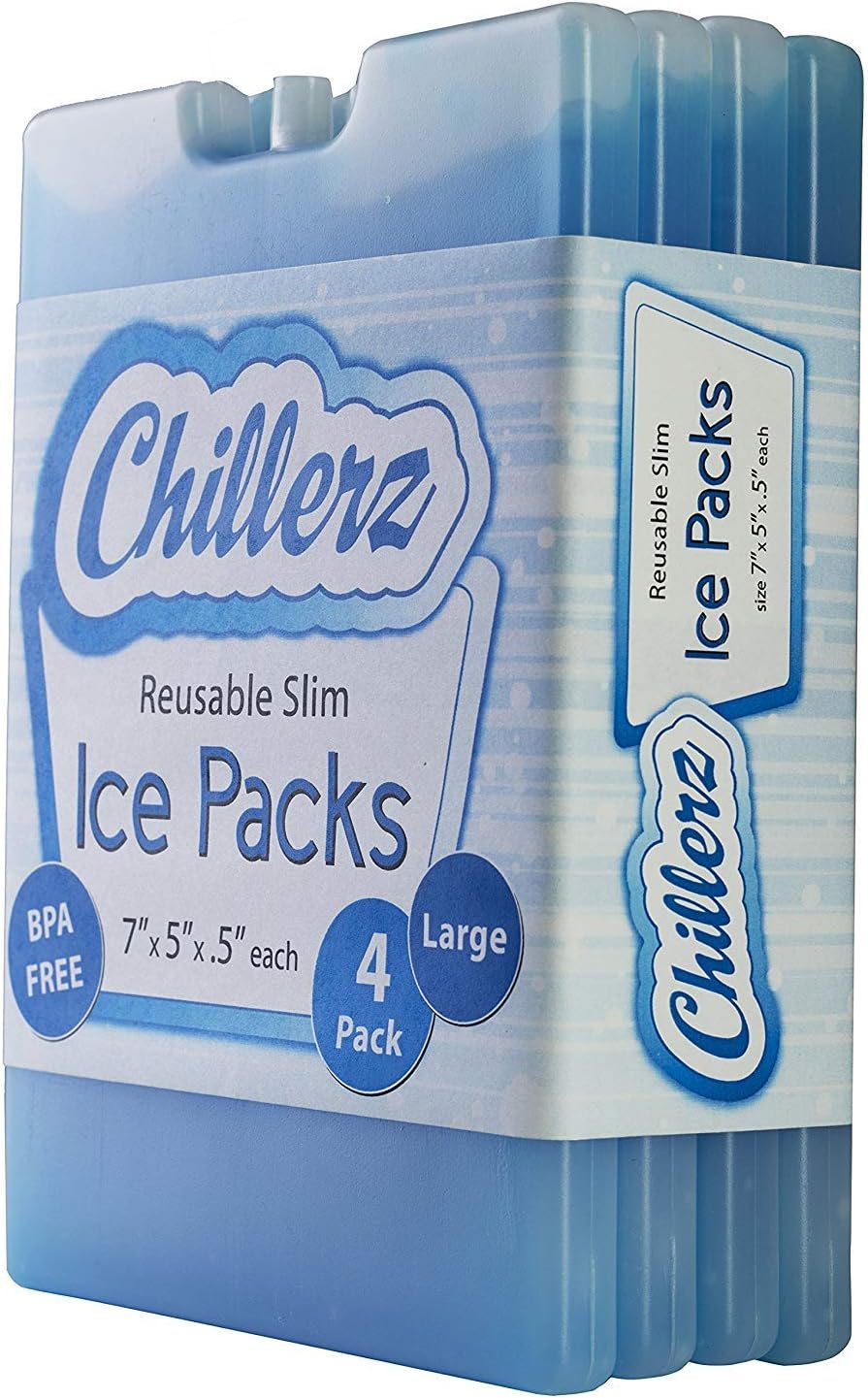 CHILLERZ Large Reusable Ice Pack (4 Pack) for Lunch Box – Long-Lasting Gel - Super Slim and Lightweight Cool Cooler Packs - Makes Your Food Stay Fresh, Cold and Tasty