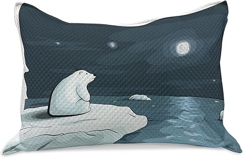 Ambesonne Winter Knitted Quilt Pillowcover, Cartoon Style Hand Drawn Polar Bear in The Arctic Staring at The Moon Image Print, Standard King Size