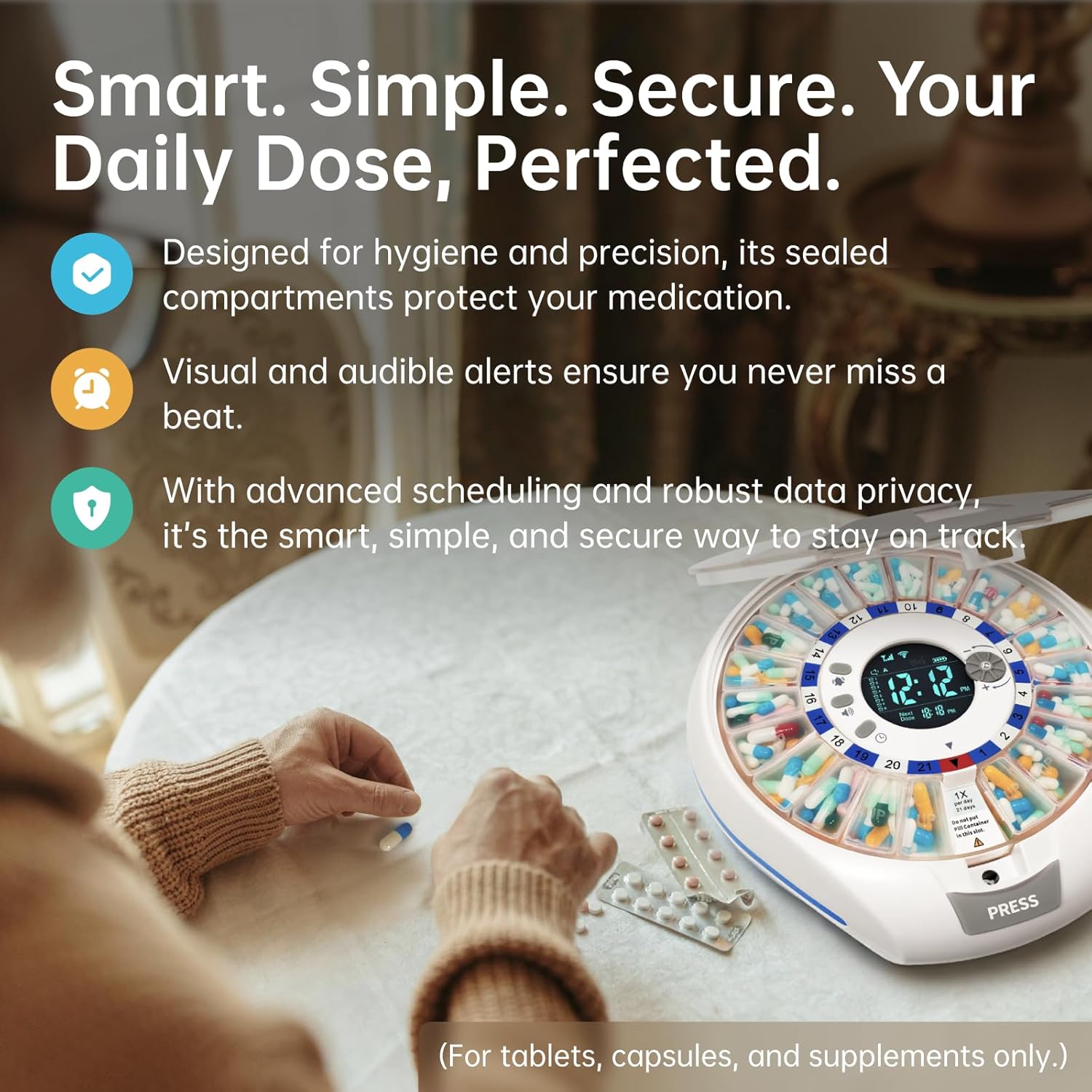 VEXA VitaMate Pro 21 WiFi Smart Pill Dispenser with Exclusive Self-Developed App, Automatic Rotating & Rising Containers, Remote Caregiver Alerts, Sound/Light Reminders for Meds & Supplements