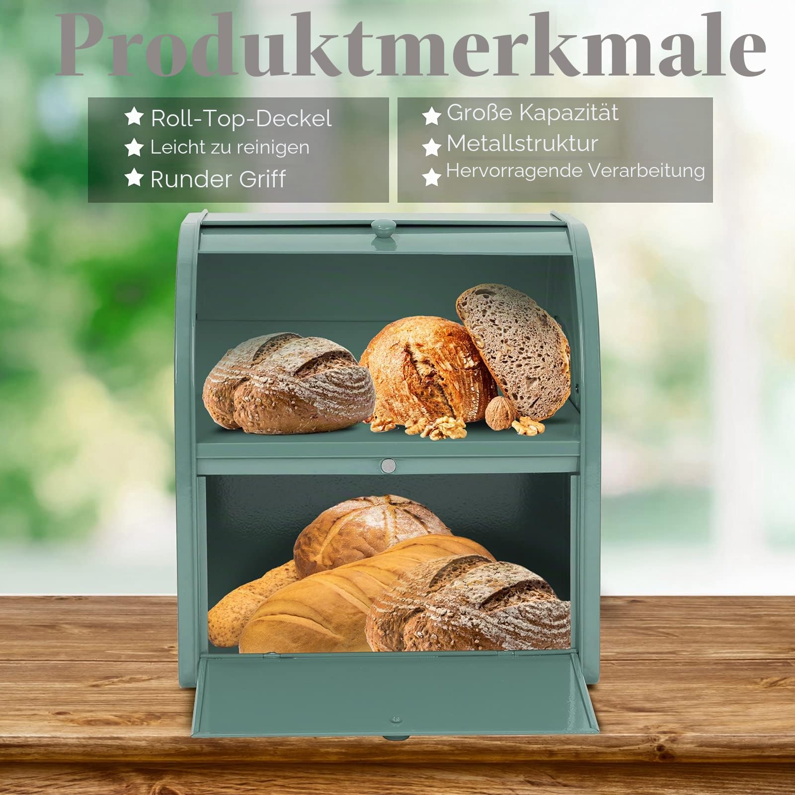 Hossejoy Doppelschichtiger Brotkasten – Große Kapazität, schwarze Roll-Top-Brotbox, Küchenbrot-Aufbewahrungsbehälter mit Roll-Top-Deckel, doppellagiger Brotkasten für Ihre Küchenarbeitsplatte