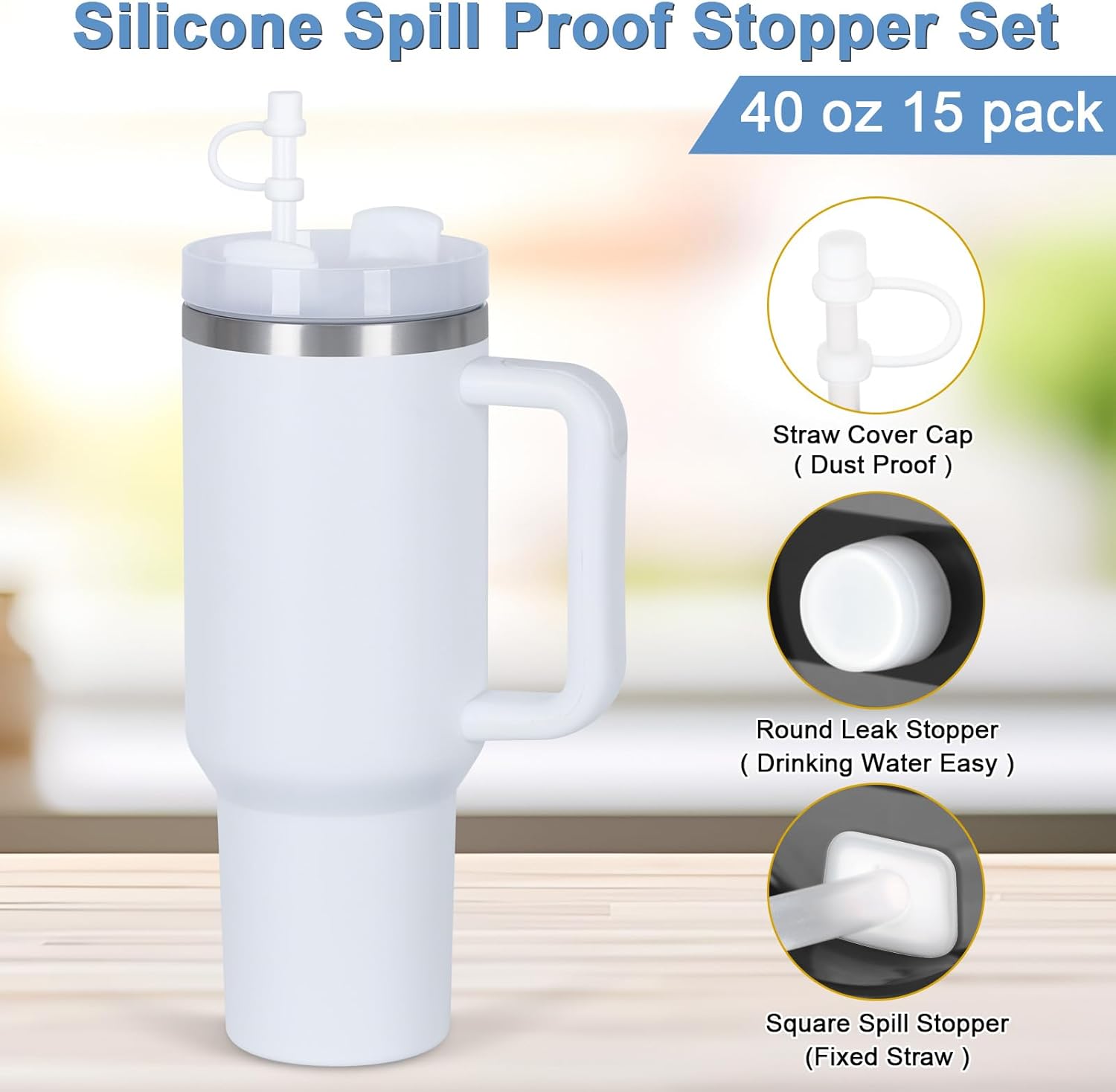 15 Pack 40 Oz Tumbler with Handle and Straw Bulk, 40 Oz Stainless Steel Tumbler Suitable for Laser Engraving and DIY, 40 Oz Travel Coffee Mug with Silicone Spill Proof Stopper Set, Individually Boxed - Image 3