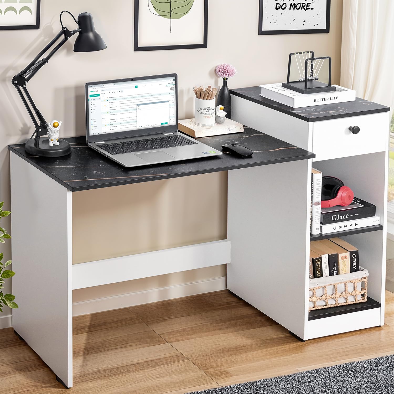 ABOUT SPACE Study Table with Drawer – Computer Table with Bottom Storage Space DIY Engineered Wood Office Desk with 2 Adjustable Shelves for PC Laptop (White, Black Marble – L 123 x B 45 x H 89 cm) ABOUT SPACE Study Table with Drawer – Computer Table with Bottom Storage Space DIY Engineered Wood Office Desk with 2 Adjustable Shelves for PC Laptop (White, Black Marble – L 123 x B 45 x H 89 cm)
