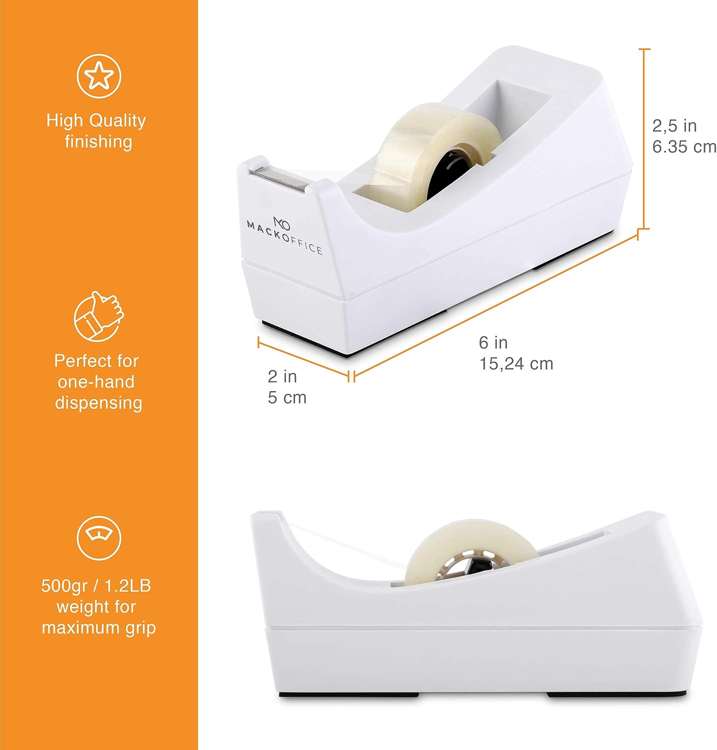 MackOffice Desk Tape Dispenser Weighted and Non-Skid Rubber Base to Keep Dispenser in Place. one-Hand Dispensing for 1/2 or 3/4 Inch Tape Roll up to 1500 in Long Office School (White, 3 Pack)
