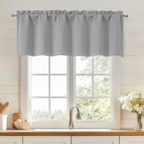 OWENIE Silver Grey Valances for Windows, Small Blackout Curtains for Kitchen Bedroom Living Room, Rod Pocket Privacy Modern Solid Short Window Treatment Valance Bathroom Panels, 60" Wx18 L,1 Piece