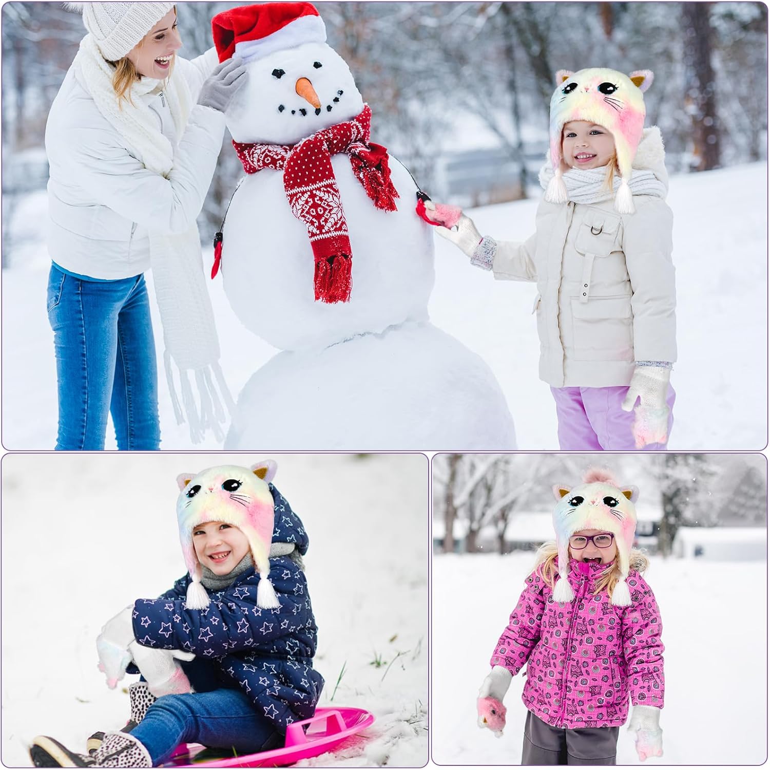 Girls Hat and Gloves Set, Winter Hats and Gloves for Kids, Fluffy Earflap Cat Beanie with Winter Mitten for Kids - Image 6