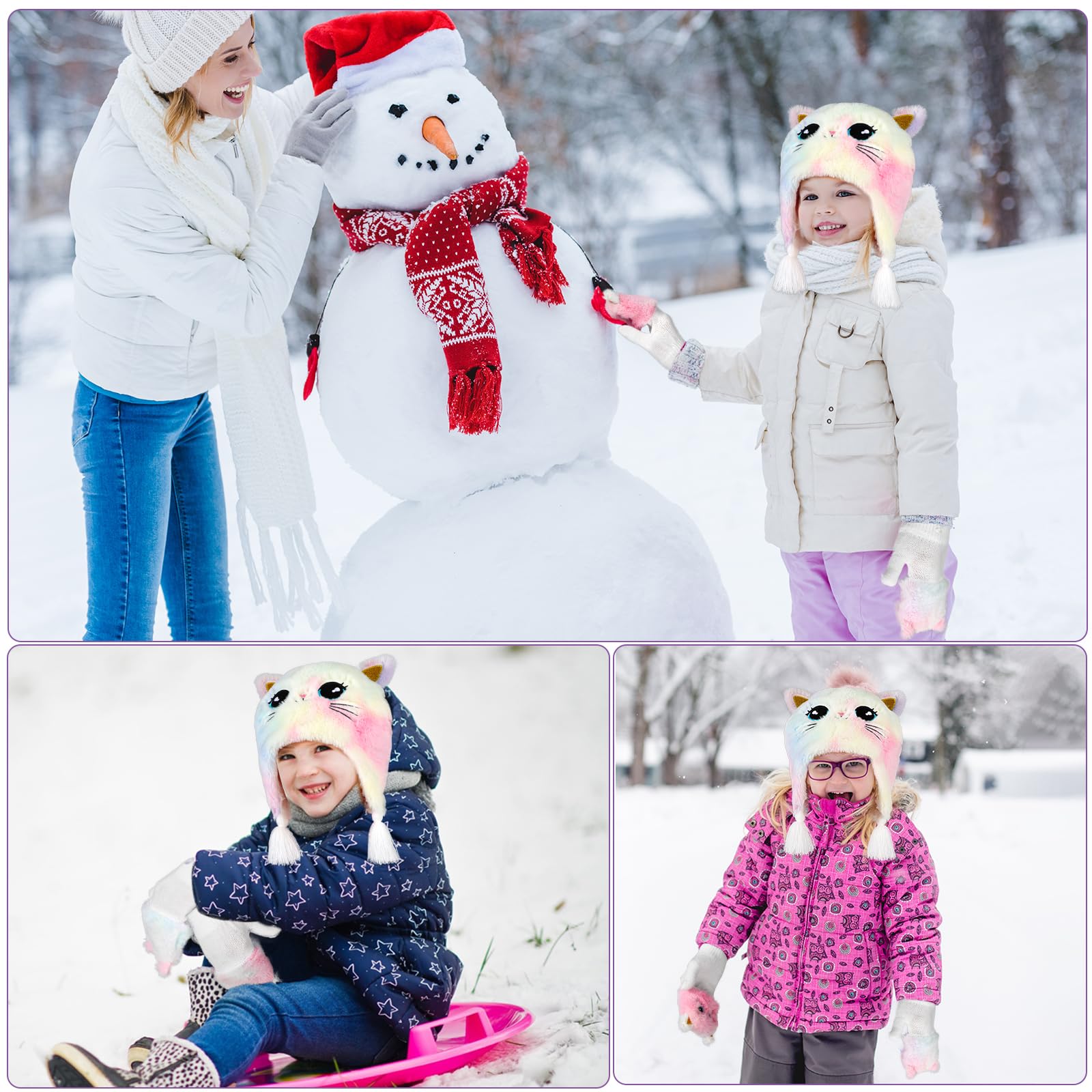 Chat Ensemble Bonnet et Gants Fille, 3PCS Bonnet Chat et Mitaine Enfant Filles de 3 à 10 ans, Bonnet Enfant Hiver Fille et Gants, Ensemble et Mitaines Bonnet Oreille de Chat Accessoires Chaud D'hiver