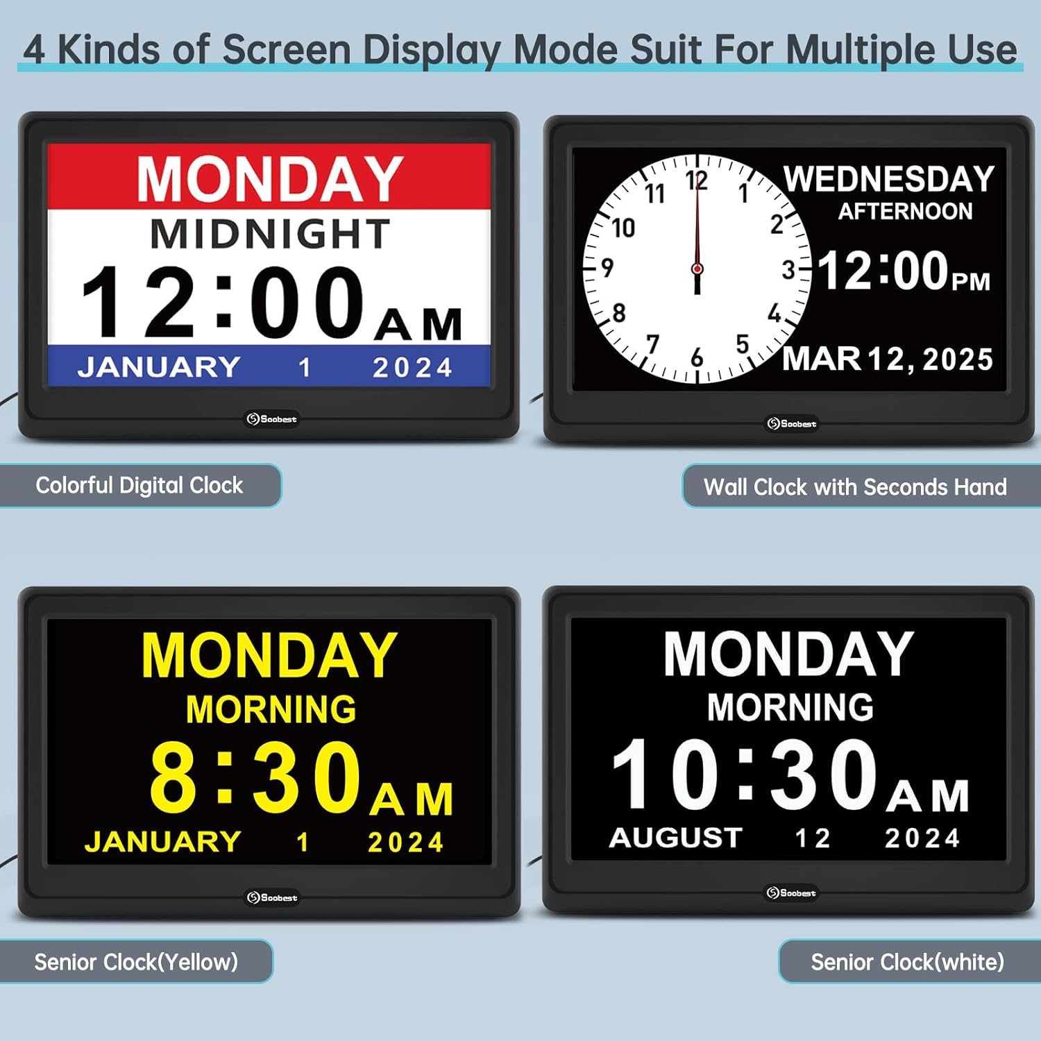 Soobest 12” Dementia Digital Clock for Seniors Extra Large, 20 Alarm Reminders Date Day Time Display for Elderly Memory Loss Alzheimers, Electric Calendar Clock, Auto DST, 1024 * 600P HD