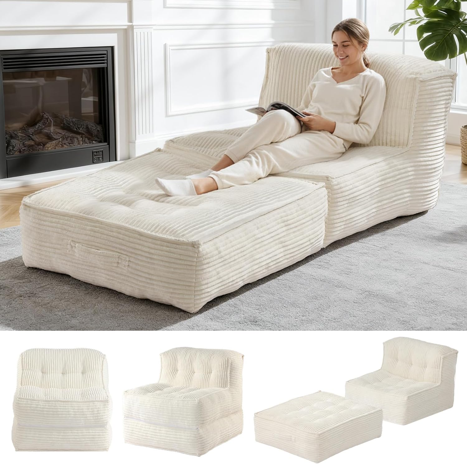 Folding Sofa Bed, 5-in-1 Convertible Sleeper Reading Chair Corduroy Futon Sofa Bed, Foldable Mattress with Back Support, Portable Fold Out Chair Bed Comfy Floor Lounge for Living Room Bedroom