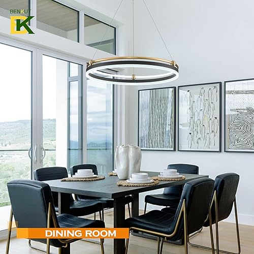 Miniatura 3 de Lámpara colgante LED moderna de 23.6 pulgadas, color negro, dorado, regulable, lámpara LED circular, 1 anillo con control remoto, luz colgante