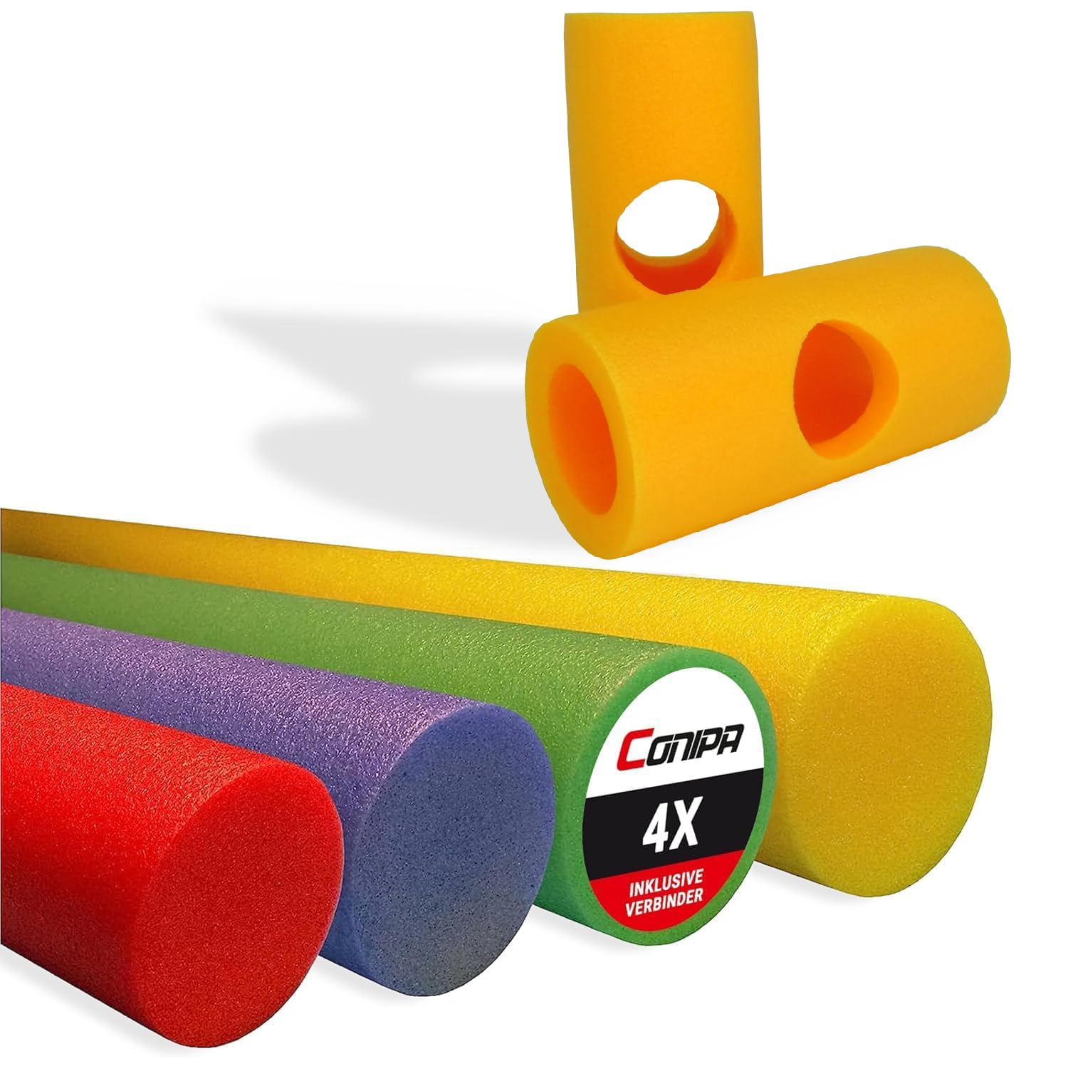 Conipa® - 4 Stück Schwimmnudel (160 x 7 cm) für Kinder & Erwachsene INKL. Loch-VERBINDER (Schaumstoff) - Poolnudel Set ab 3-10 Jahre (Made IN Europe) - Pool Wassernudel & Spielzeug