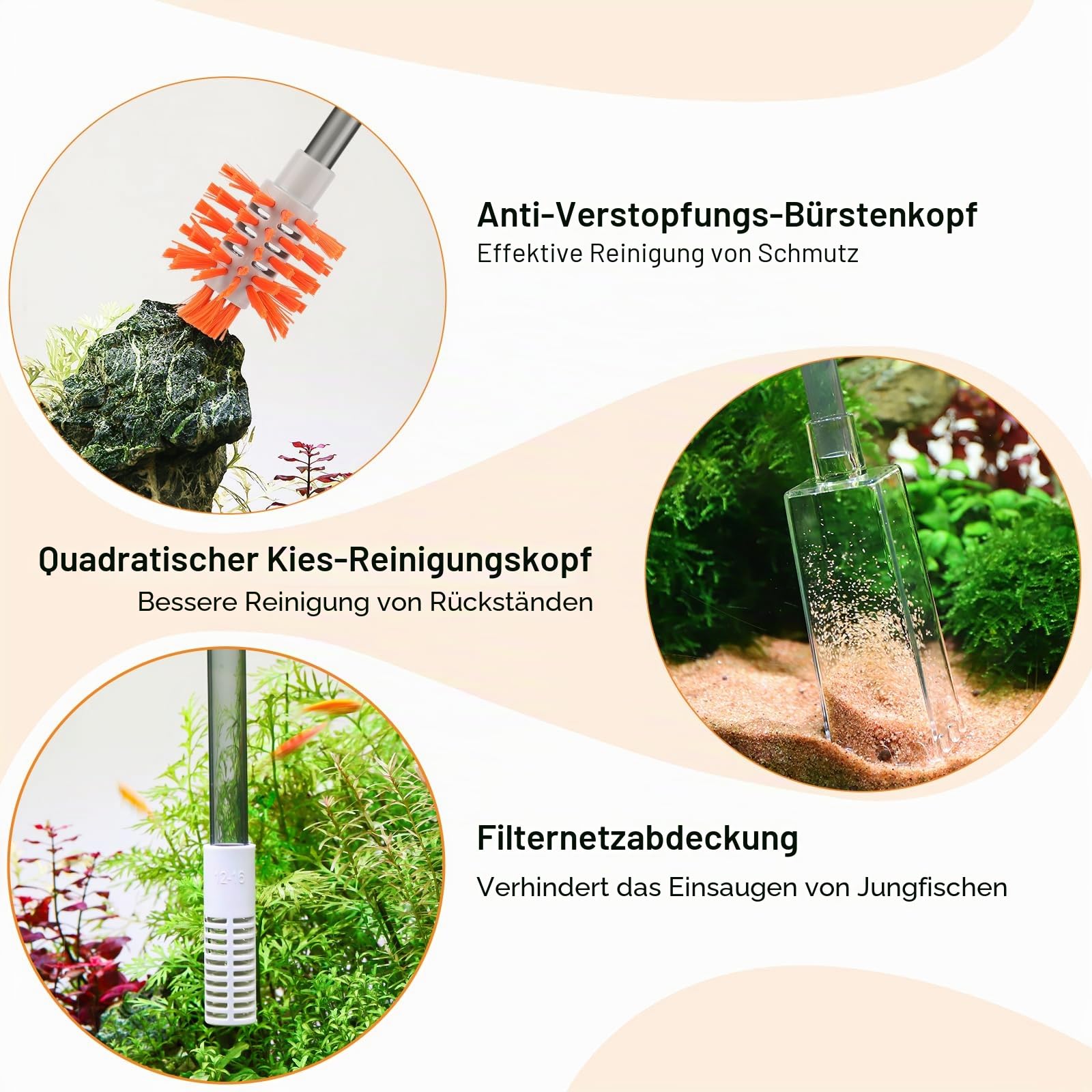 AQQA Mulmsauger Aquarium, Aquarium Sauger Bodengrund Reinigen, 3-in-1 Aquarium Reiniger mit Einstellbarer Wasserdurchfluss, Manueller Wasserwechsel und Sandreinigung (AQ177-M)