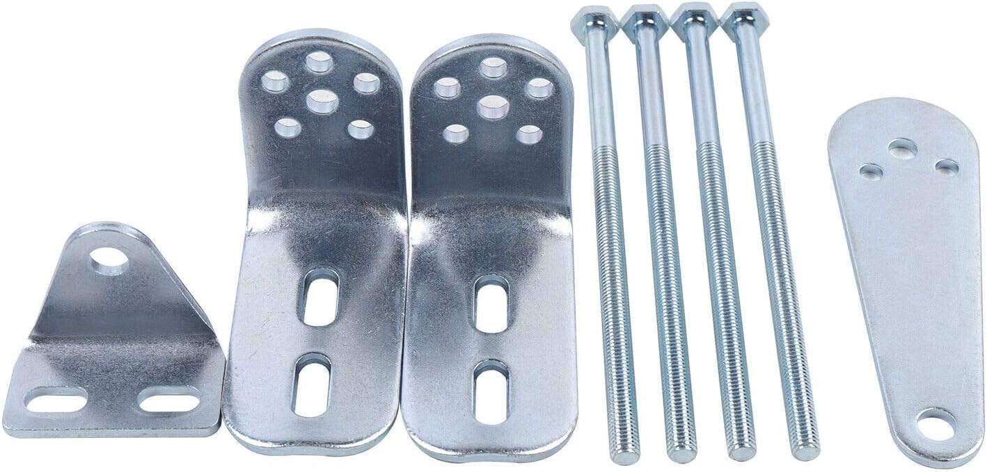 Various metal mounting brackets and long bolts, essential for installing the gate opener arms.