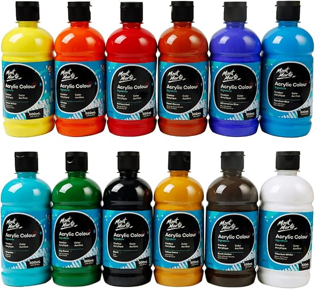 MONT MARTE Signature Acrylic Paint Set, 12 x 500ml (16.9oz), Semi-Matte Finish, 12 Colours, Suitable for Most Surfaces
