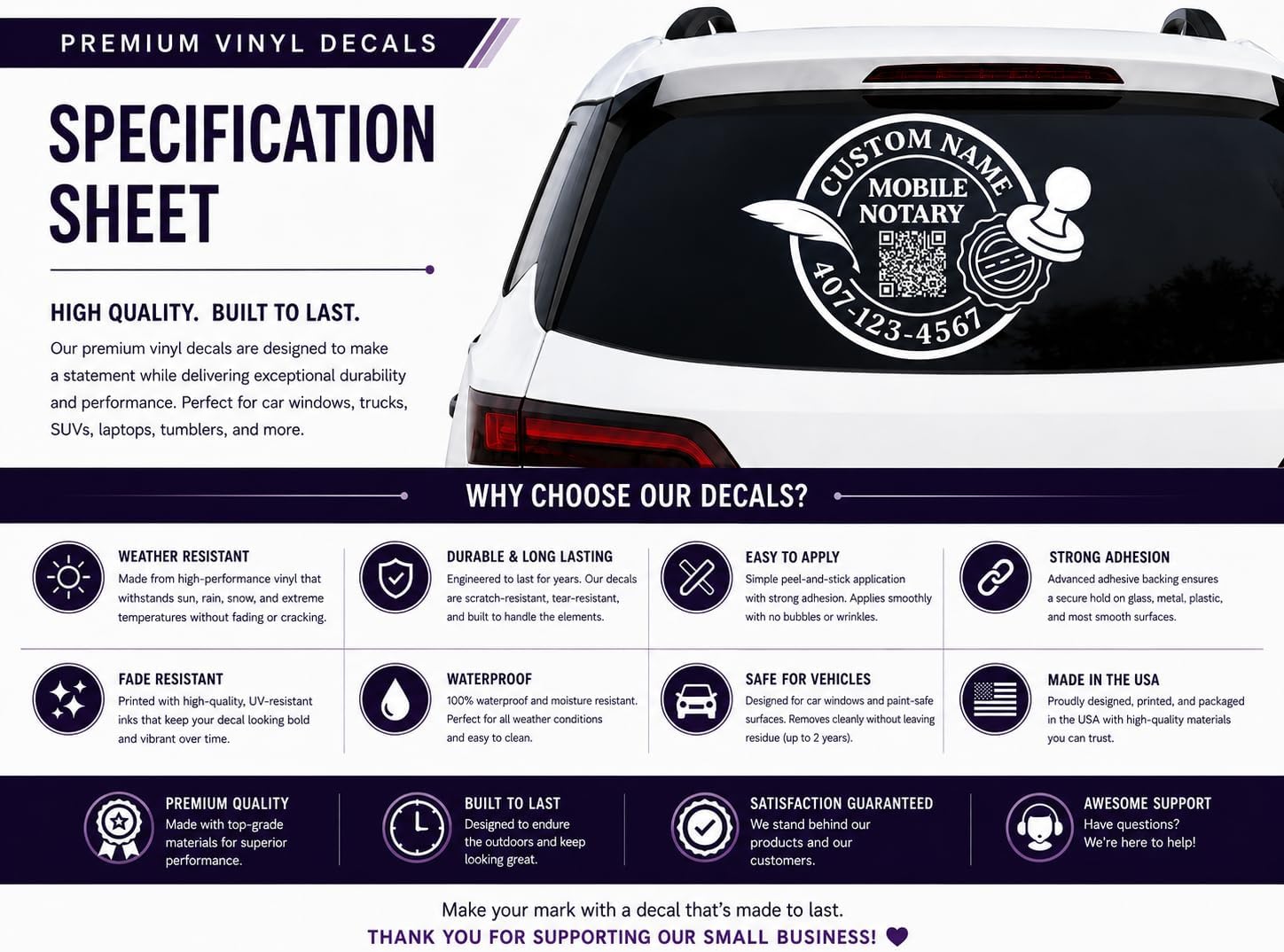 Custom Mobile Notary Public Vinyl Decal, Personalized Car Window Sticker with QR Code, Multiple Colors Available