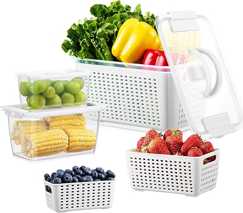 Miniatura 9 de LUXEAR Contenedores para productos para refrigerador, juego de 3 recipientes de frutas con colador extraíble, recipientes sin BPA con tapas, aptos