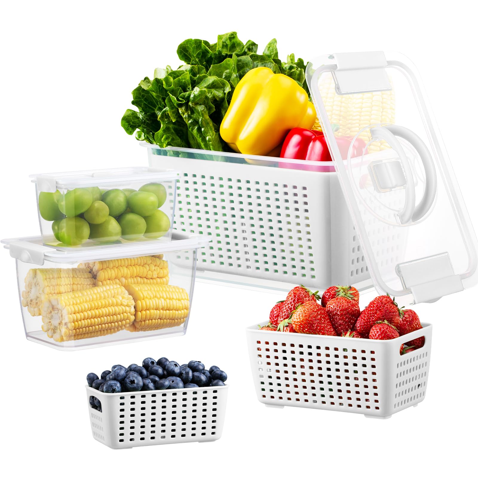Luxear Fresh Food Storage Containers for Fridge, 3 Pack Vegetable Fruit Storage Container 4L+1.7L+0.5L Dishwasher Safe Produce Saver with Vents, Microwave Safe Food Organizer