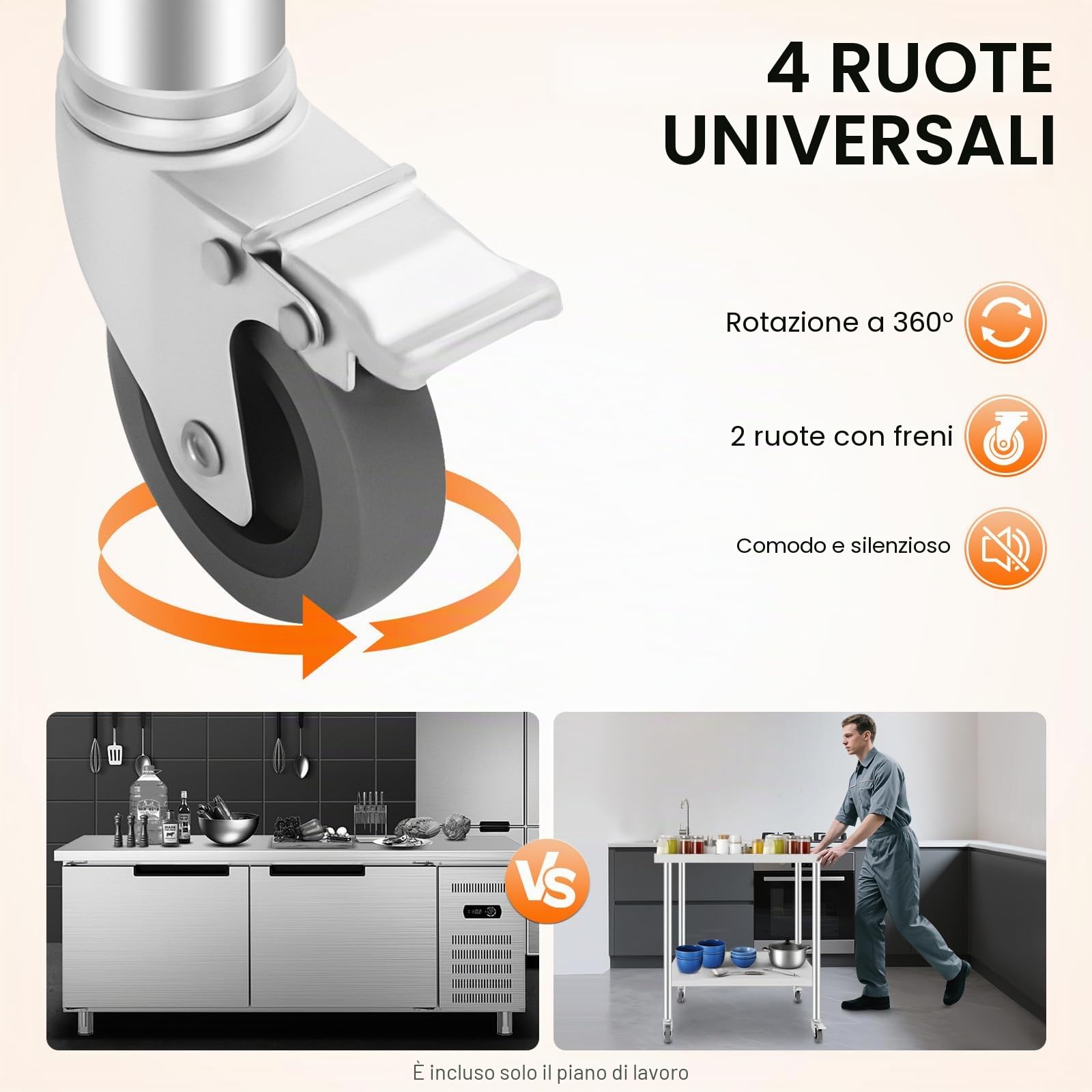 Tavolo da lavoro in acciaio inox, 70 x 60 x 85 cm, mobile da lavoro con 4 ruote universali con ruote, in acciaio inox, da cucina, da ristorante, da lavoro