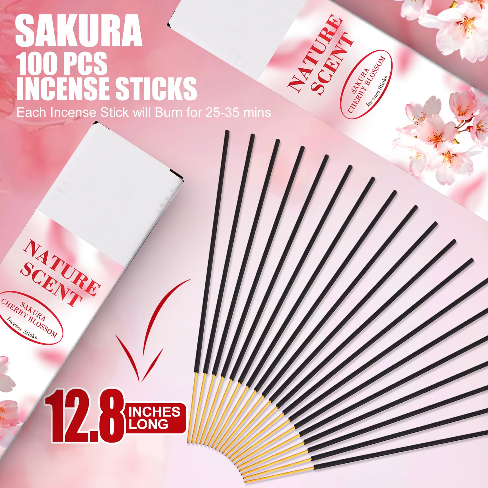 Räucherstäbchen, handgefertigt, natürlicher Sakura-Duft, brennt 25–35 Minuten, japanische Kirschblüten-Räucherstäbchen ohne Chemikalien, Joss-Sticks zur Entspannung, Stressabbau, Angstlinderung,