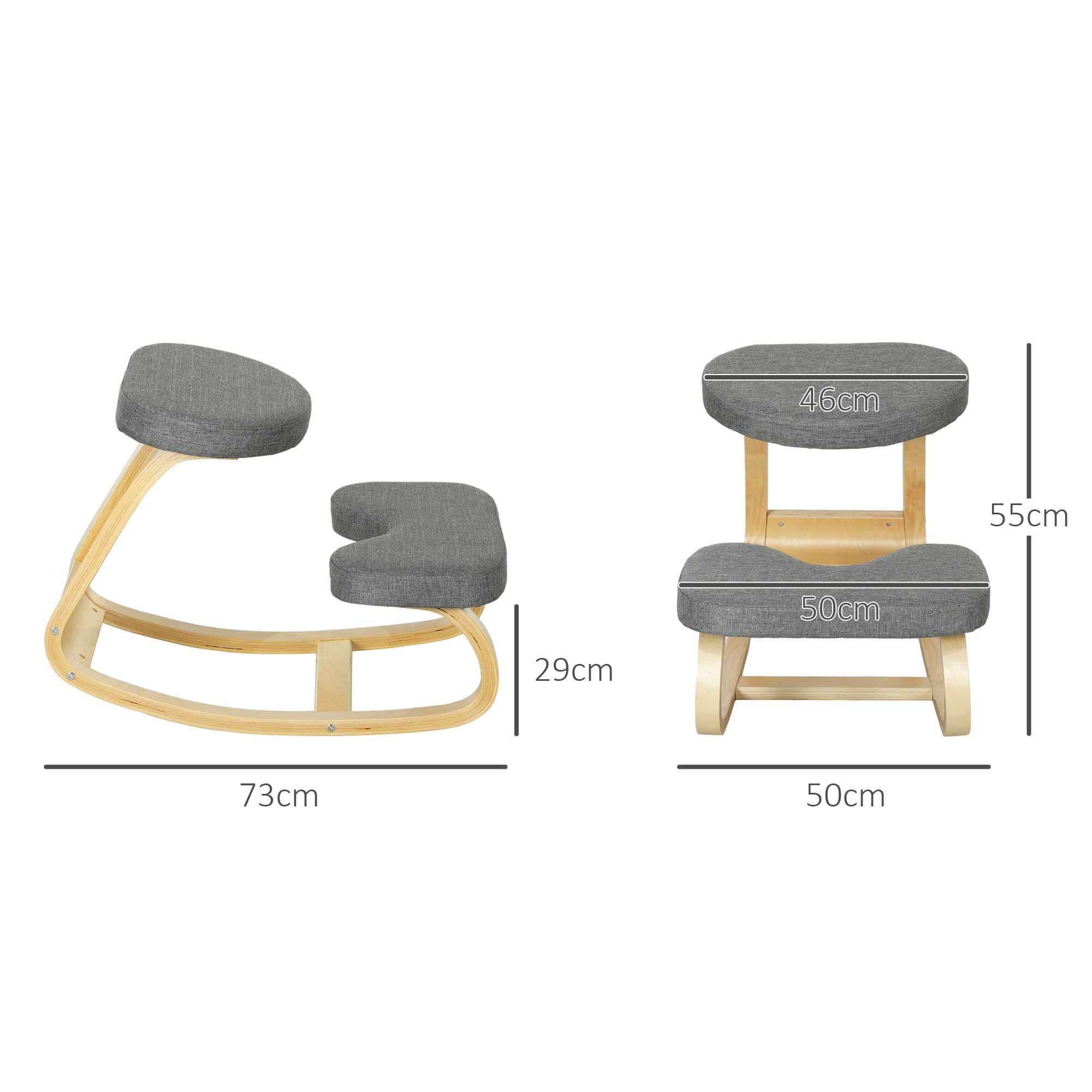 HOMCOM Kniesitz, ergonomischer Schaukelstuhl aus Holz, Kniestuhl für das Heimbüro, Verbesserung der Körperhaltung, Rückenschmerzen, grau