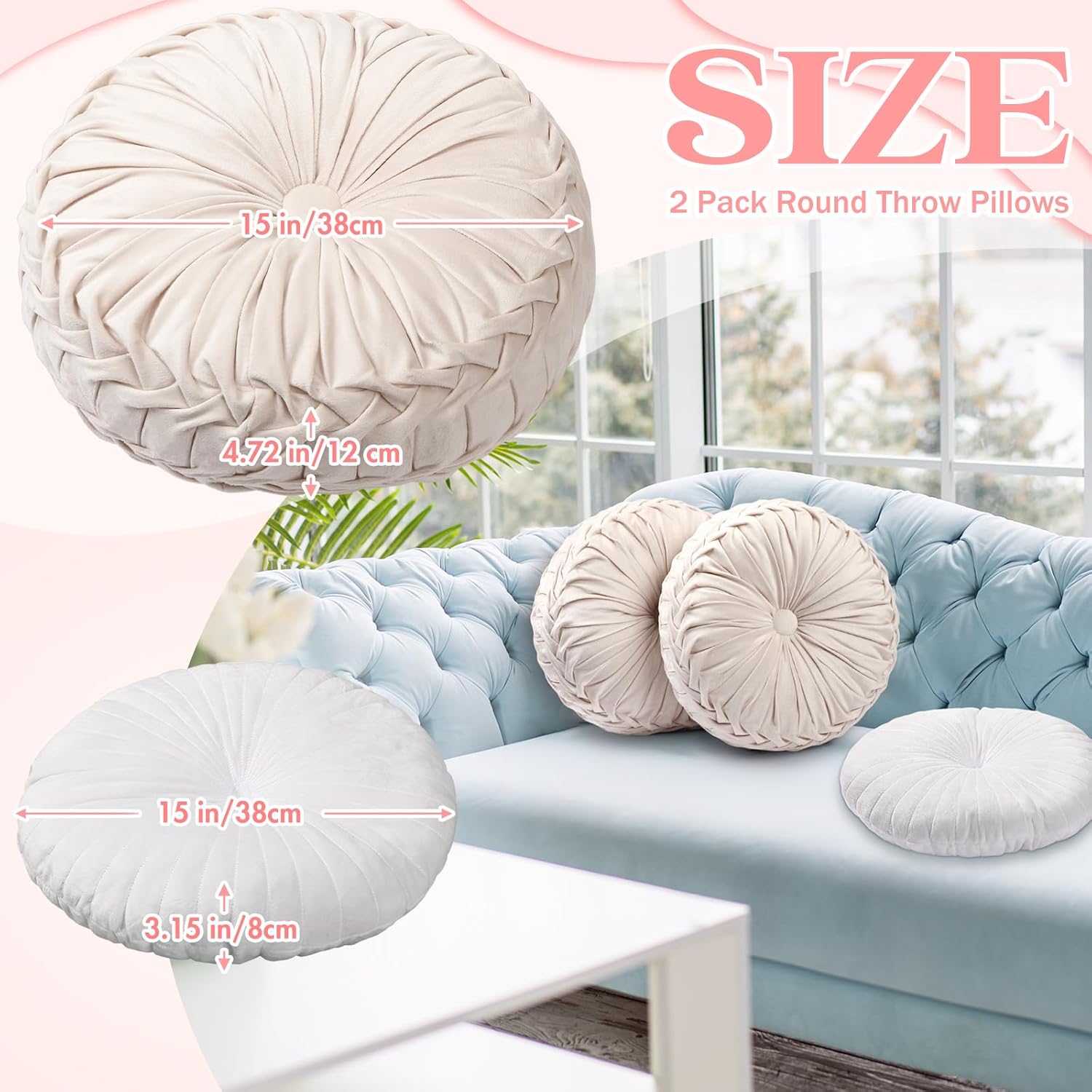 3 Pcs Round Throw Velvet Pillows Classy Accent Pumpkin Throw Pillows 15 Inch Decorative Cushion for Couch Chair Bed Car, 2 Styles (White) - Image 2