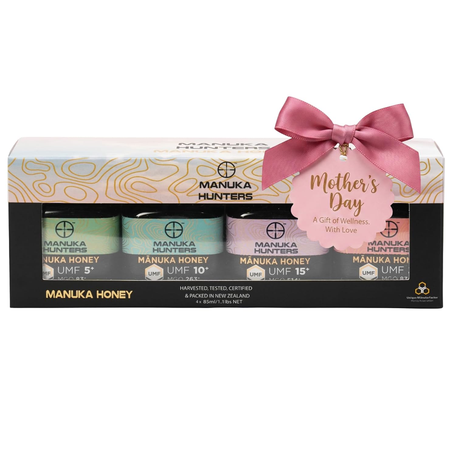 Manuka Hunters Raw New Zealand Honey Gift Set 4-Pack Honey Sampler with UMF 5+,10+,15+,20+ (125g = 85ml Each) – 100% Pure Natural Sweetener - Ideal for Tea, Coffee, Smoothies, Baking - Sustainable