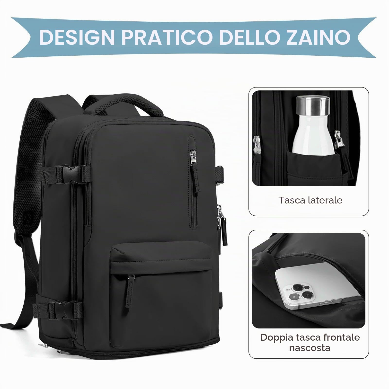 Zaino Borsa 40x30x20 Approvato Dell'aereo per Gite A Breve Distanza di Cabina 40x20x25 Backpack da Viaggio Bagaglio Mano-Nero