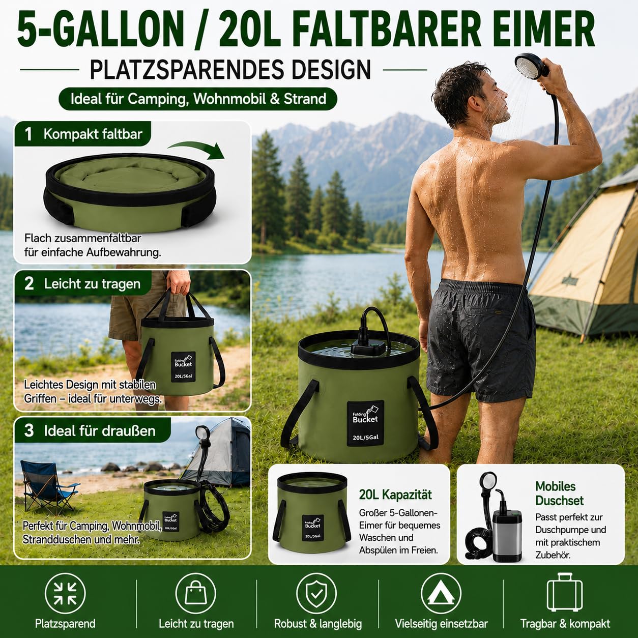 Romicta Tragbare Campingdusche mit wiederaufladbarem 6000mAh Akku & LED-Anzeige – Faltbarer Eimer 4 Sprühmodi IPX7 wasserdichte Pumpe ideal für Wandern Reisen Autofahren Haustiere Outdoor-Aktivitäten
