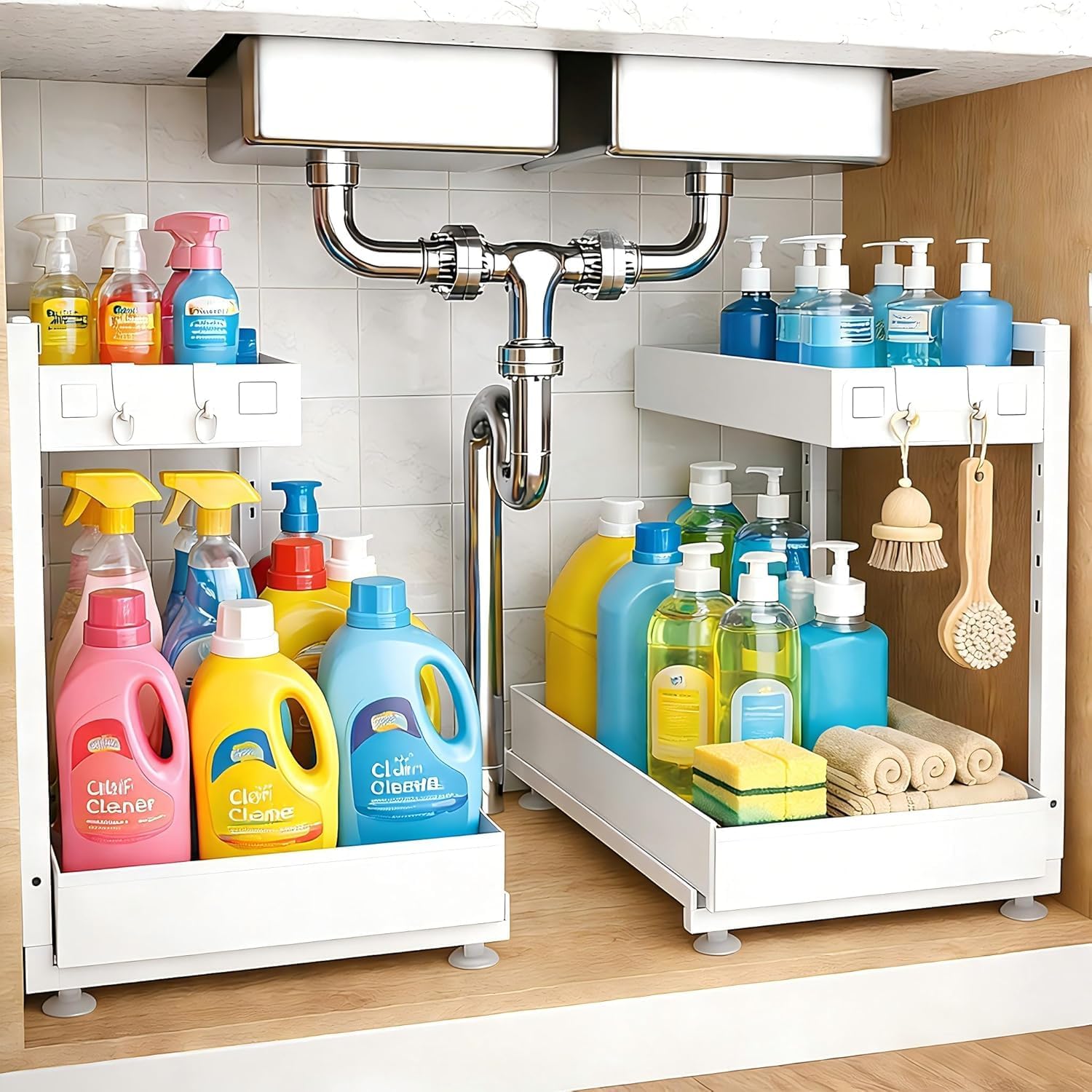 Under Sink Organizer, 2 Pack 2 Tier Metal Under Cabinet Storage with Height-adjustable Shelf and Pull out Rack for Pantry Vanity Cupb...