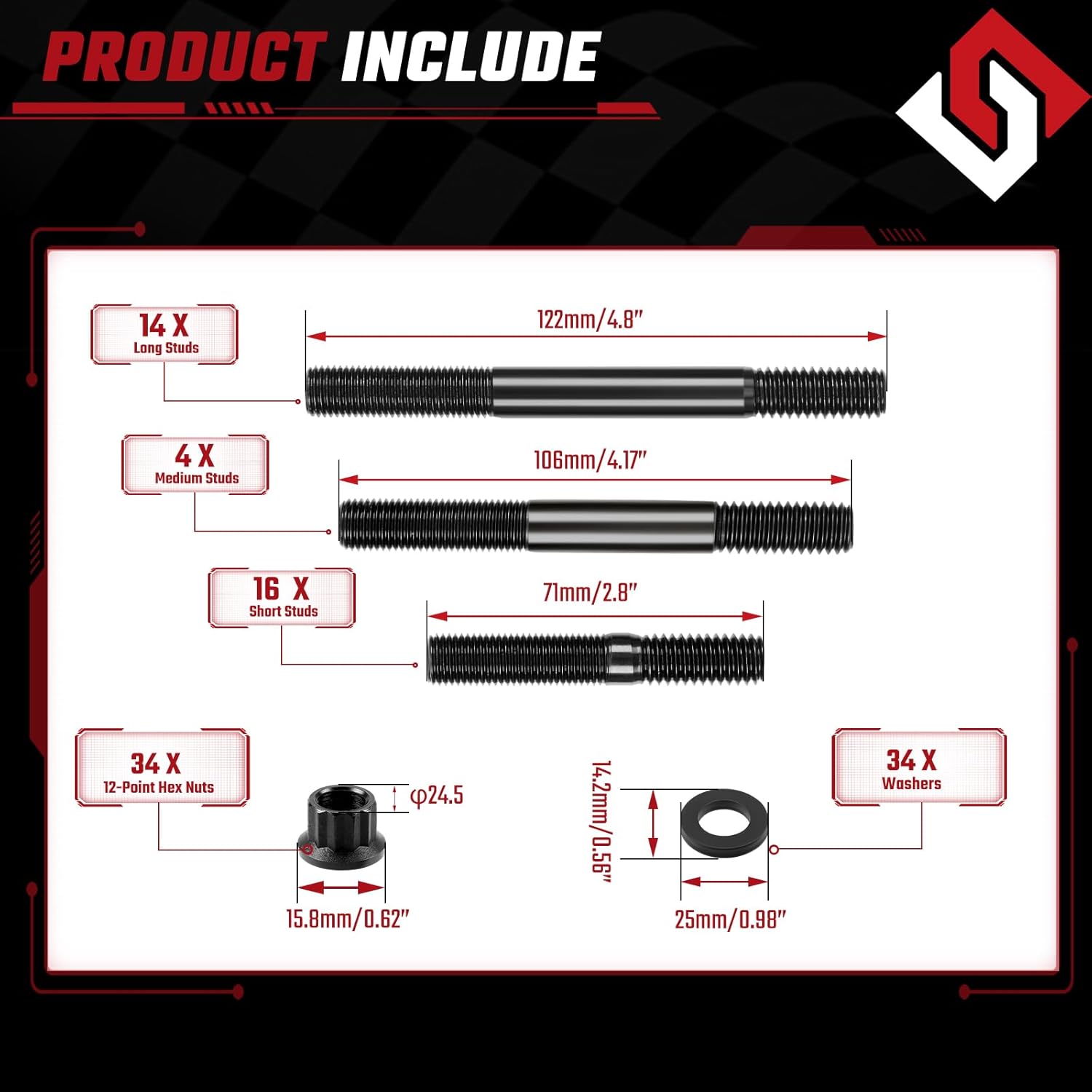 12-Point Cylinder Gasket Head Stud Bolt Set Compatible with Chevy Small Block SBC 350 265 267 283 302 305 307 327 383 400 Engines Replace 134-4001 279.1001