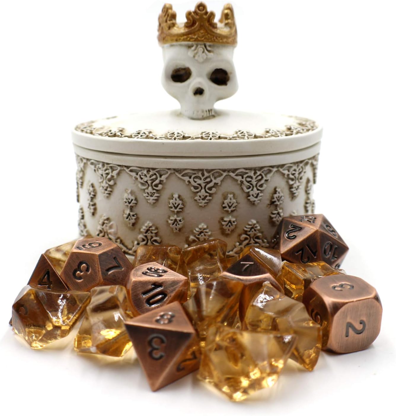 Gothic Dice Box with Metal D20 Set for Roleplay and D&D (Bronze)