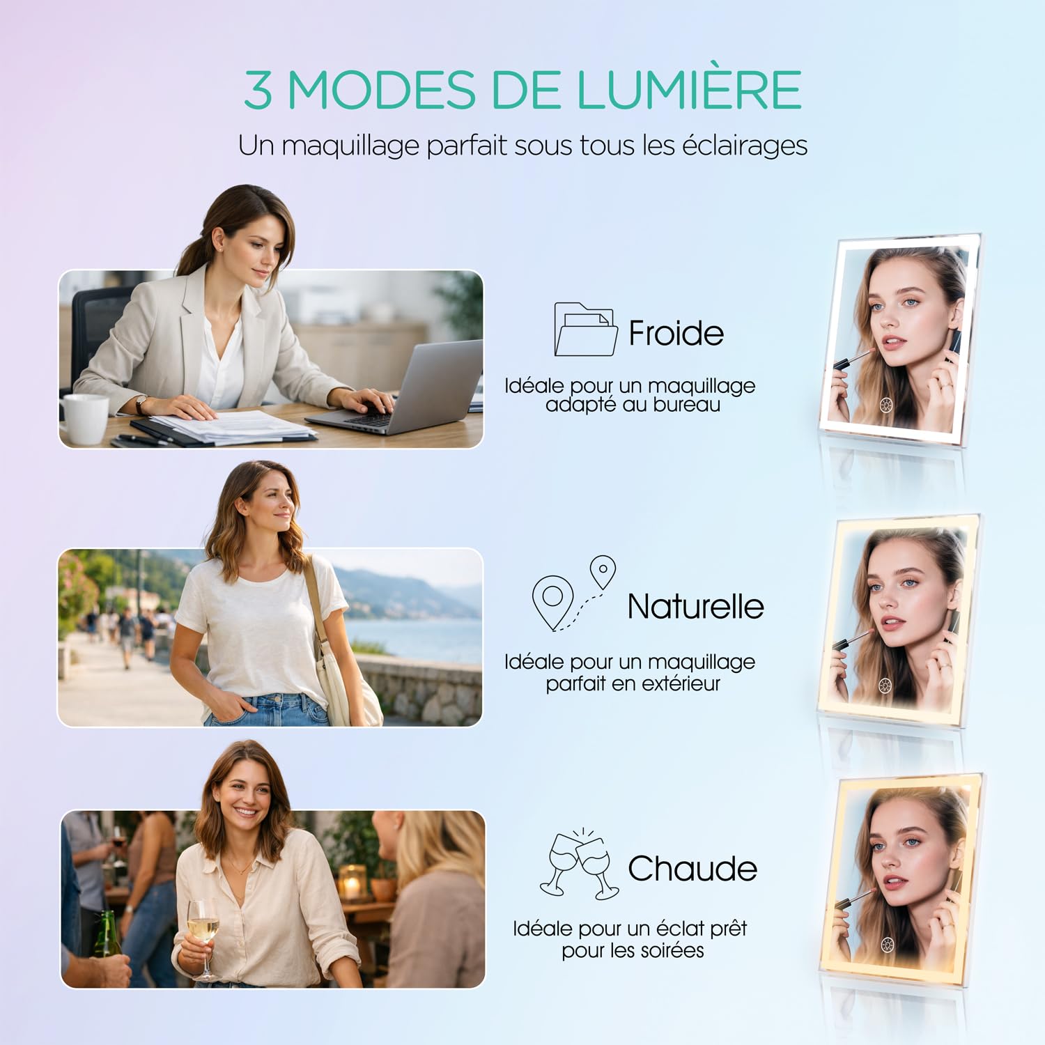 VOYOR Miroir Coiffeuse avec Éclairage, Miroir LED Rechargeable, 30x25cm | 3 Modes, Luminosité Réglable, Grossissement 10X, Commande Tactile, Facile à nettoyer, Miroir Table LED Éclairé, CM300