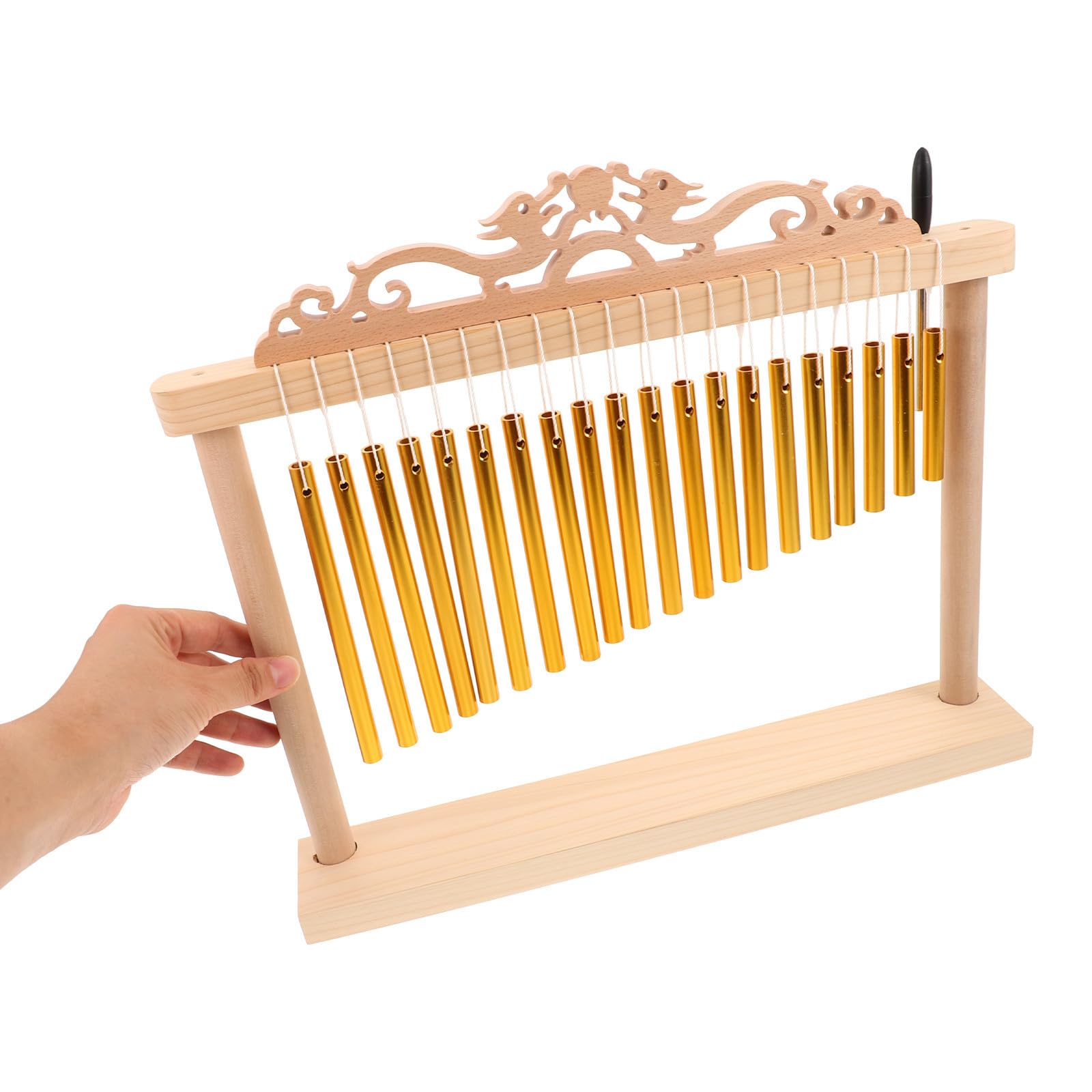 Campanas de Viento para Percusión de 20 Notas en Línea, Estructura Estable con Base Antideslizante, Madera y Metal Dorado, Incluye Mazo para Presentaciones y Escenario