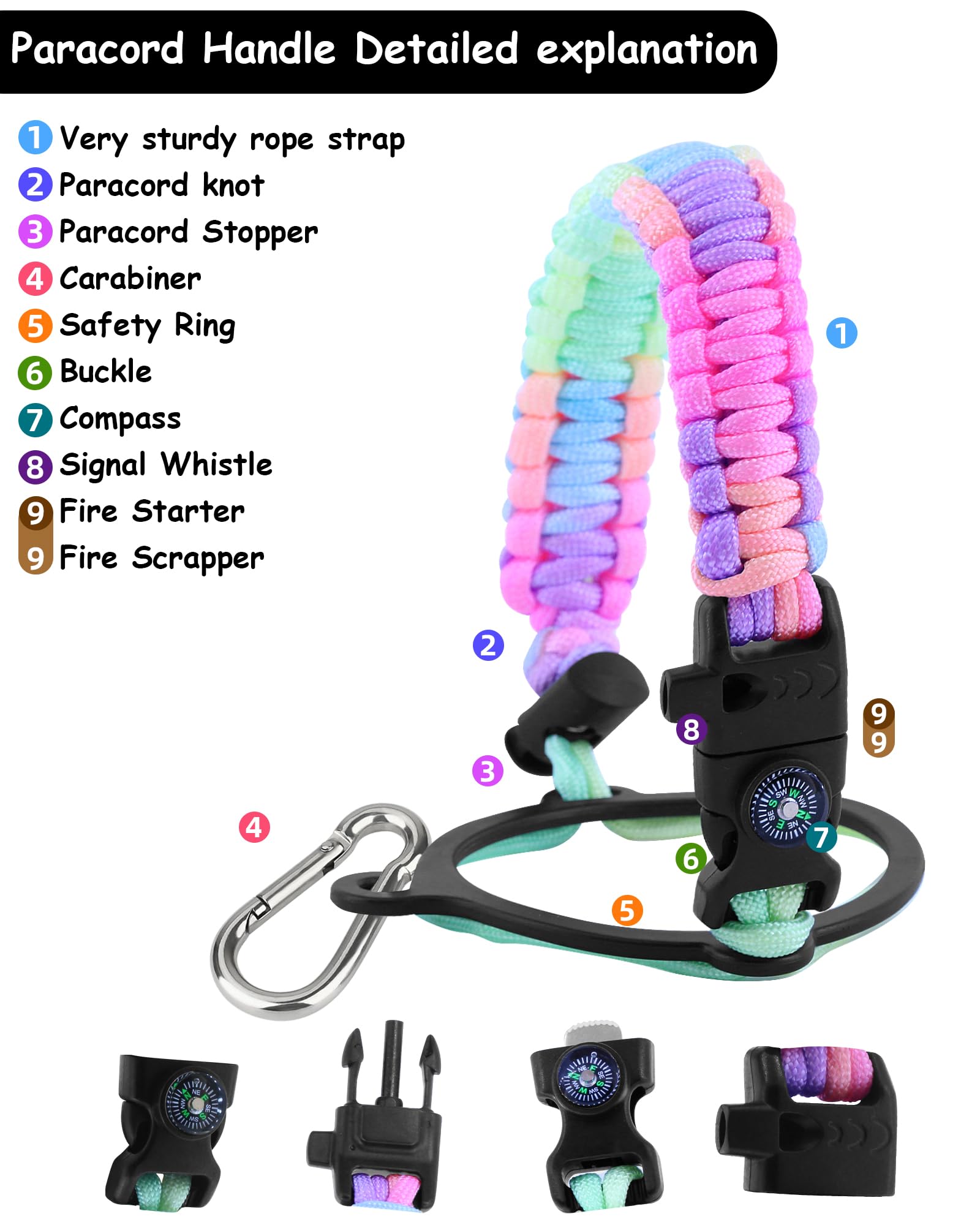 Szeroki uchwyt paracord, pasek na butelkę z wodą, do butelki na wodę 350 ml do 1,814 g, pasek na butelkę z pierścieniem zabezpieczającym, akcesoria do butelek na wodę