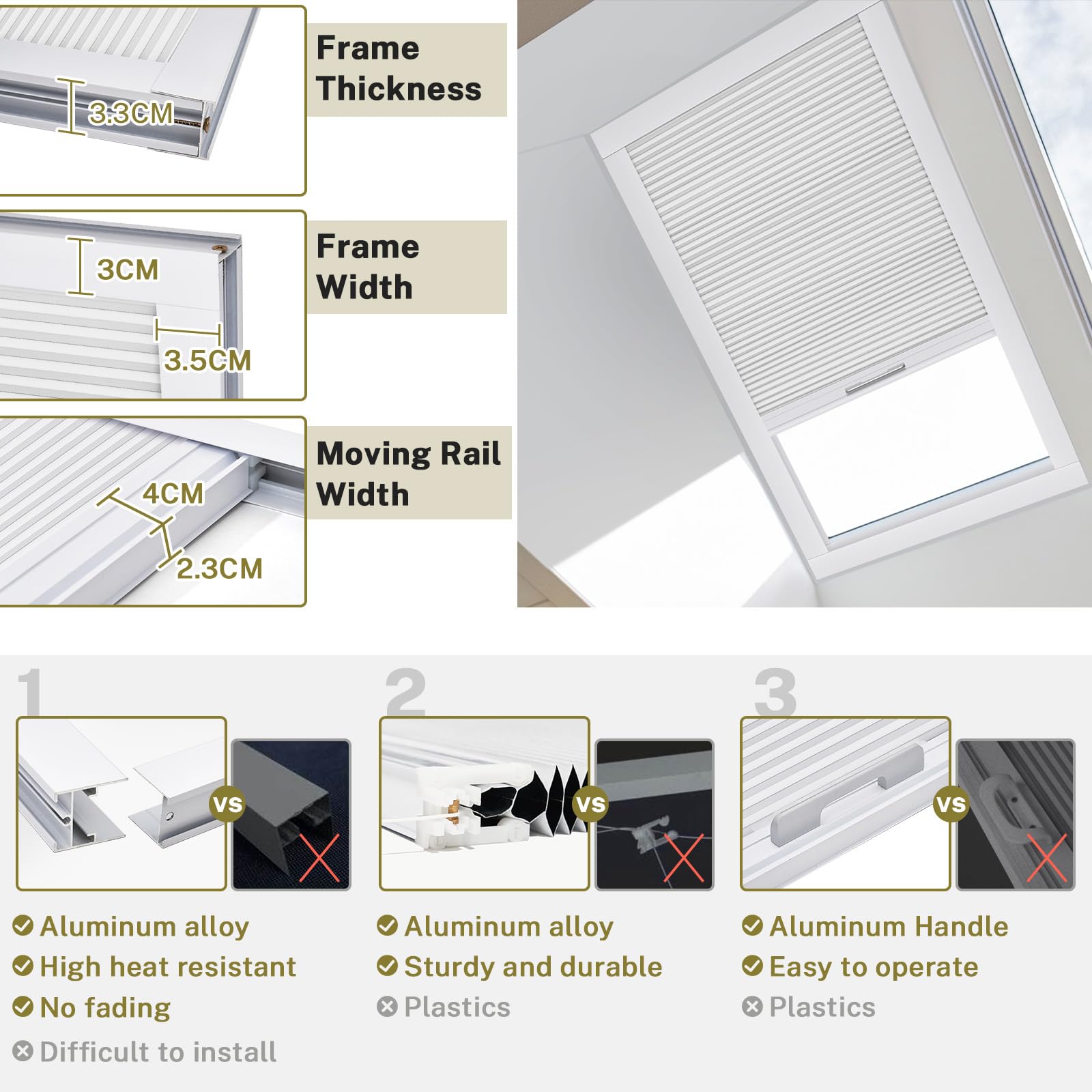Stores de Toit sans Fil en nid d'abeille pour Fenêtre Occultant Stores de Toit Plissés Cellulaires Faciles à Installer pour Fenêtres de pièce inclinées - Personnalisé(Gris)