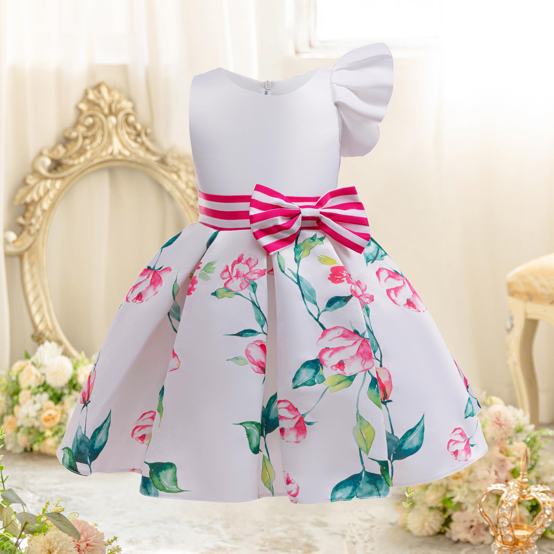 Vestidos de niña con mangas aleteadas Estampado Floral Lazo Estilo Princesa Longitud de la Rodilla Satén Ropa para Niños