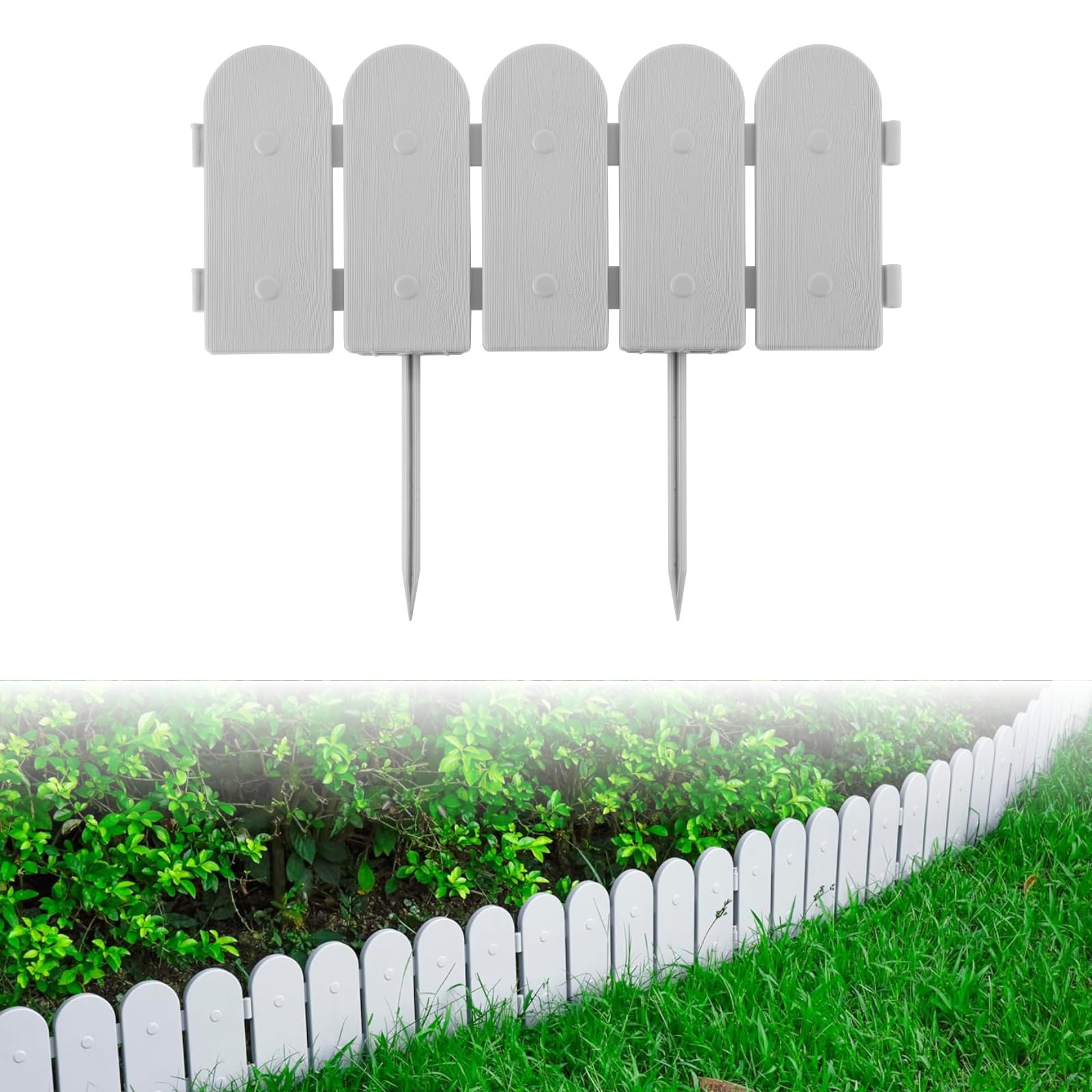 Evelyne Garden Border Plastic Edging: Wooden Fence Design - 16pcs Gray Yard Landscaping Fence Liner Lawn Edge Barrier - 20ft Kit of Decorative Lawn Panels Elements -Landscaping Edging-GMT-10374-E16