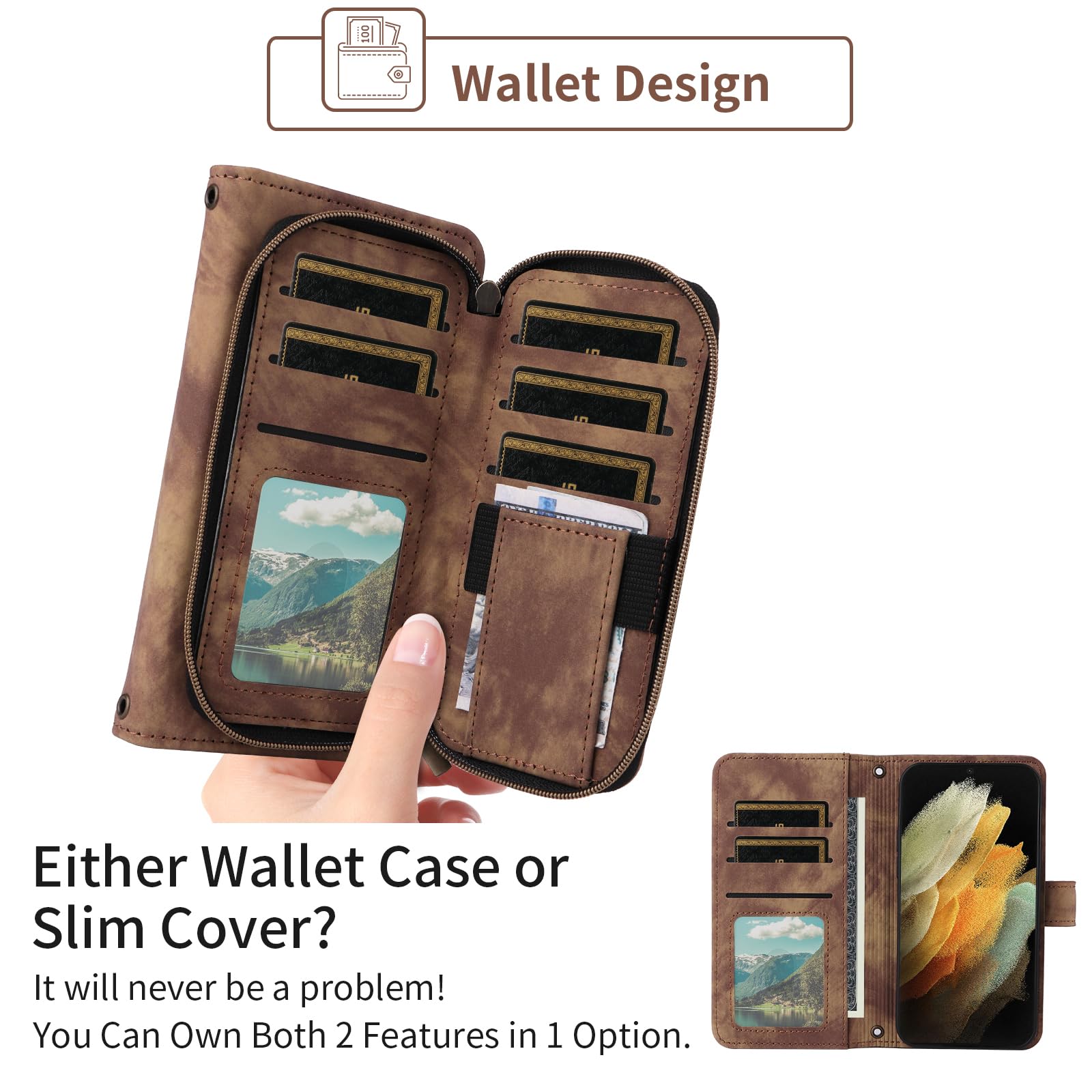 Étui portefeuille pour Samsung Galaxy S21 Ultra 5G - Avec protection d'écran en verre trempé - Sangle à rabat - Fonction support - Fermeture éclair - Porte-cartes - S21ultra 21S S 21 21ultra G5