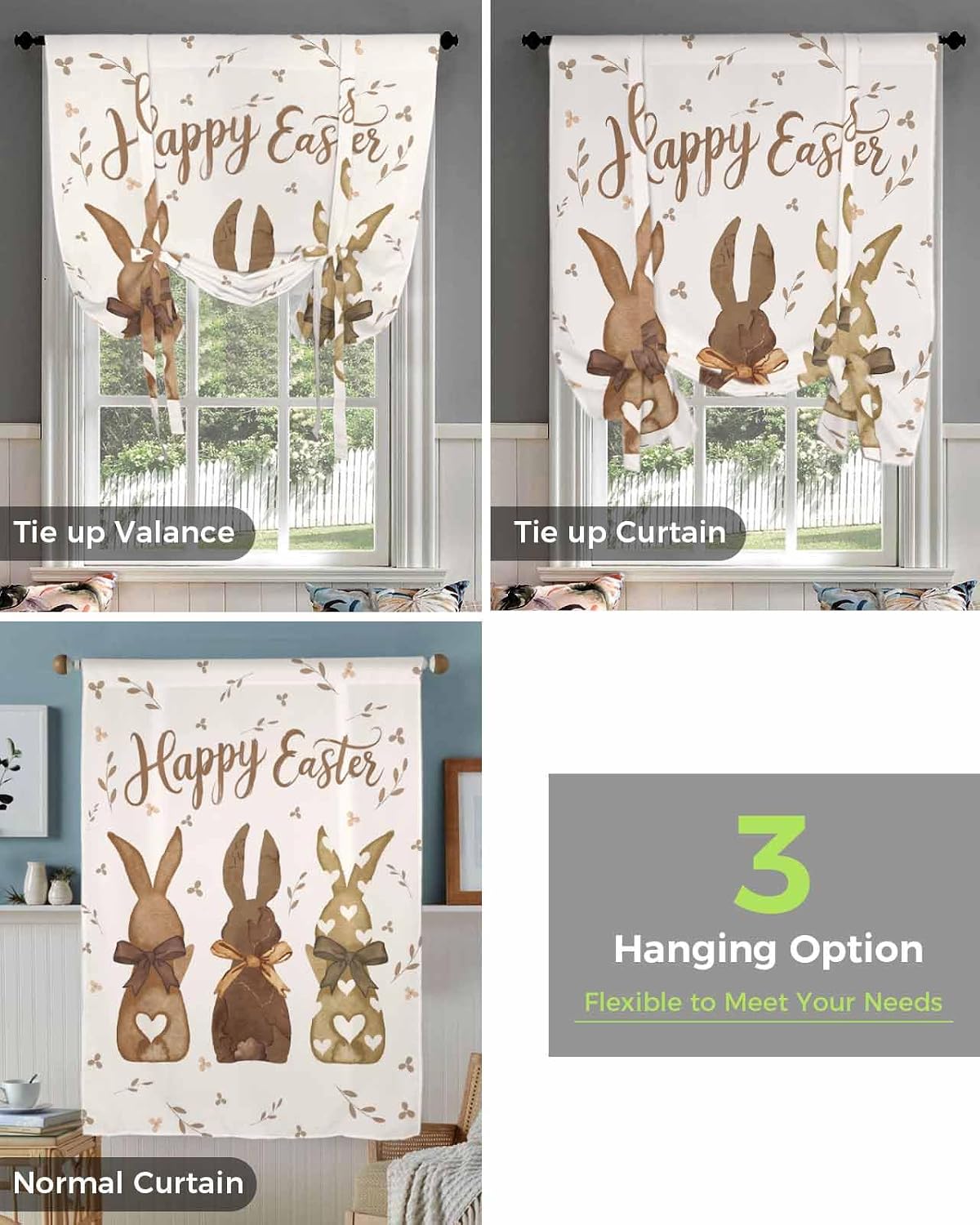 Tie Up Curtains for Windows, Easter Kitchen Curtain Adjustable Balloon Window Shades, Spring Bunny Retro Bow Retro Botanical Brown Valance Curtains for Living Room/Bedroom/Cafe 46"x63"