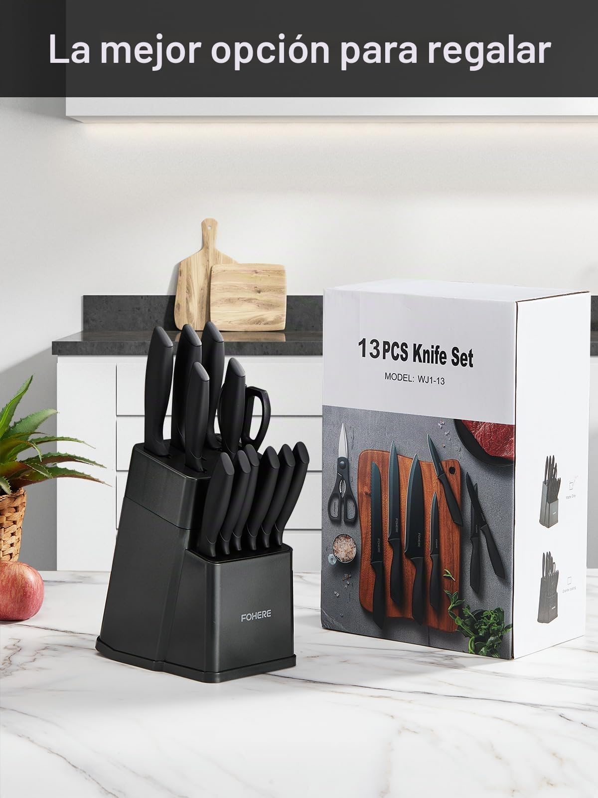 FOHERE Juego de Cuchillos de Cocina con Afilador Integrado, 13 Piezas Negro Revestimiento de Antiadherente, Cuchillos Cocina con Mango Ergonómico y Acero Inoxidable, Gris Mate