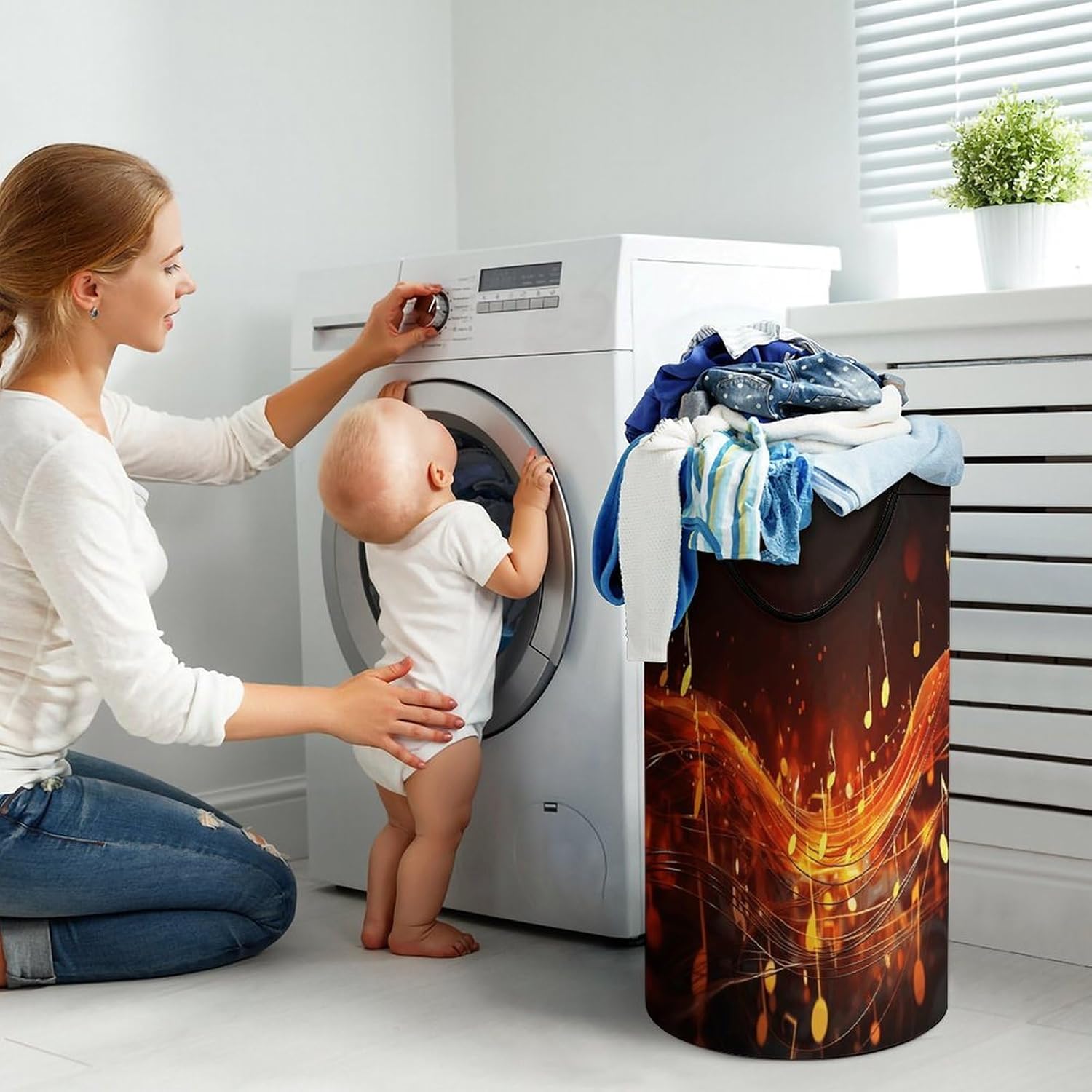 Red Flame Music NoteLaundry Hamper - Large Dirty Clothes Bag.Storage Basket for Easy Carry Handles. Large Clothes Basket with Handles, Clothing Storage Bucket Toy Organizer for Bathroom Bedroom Dorm.