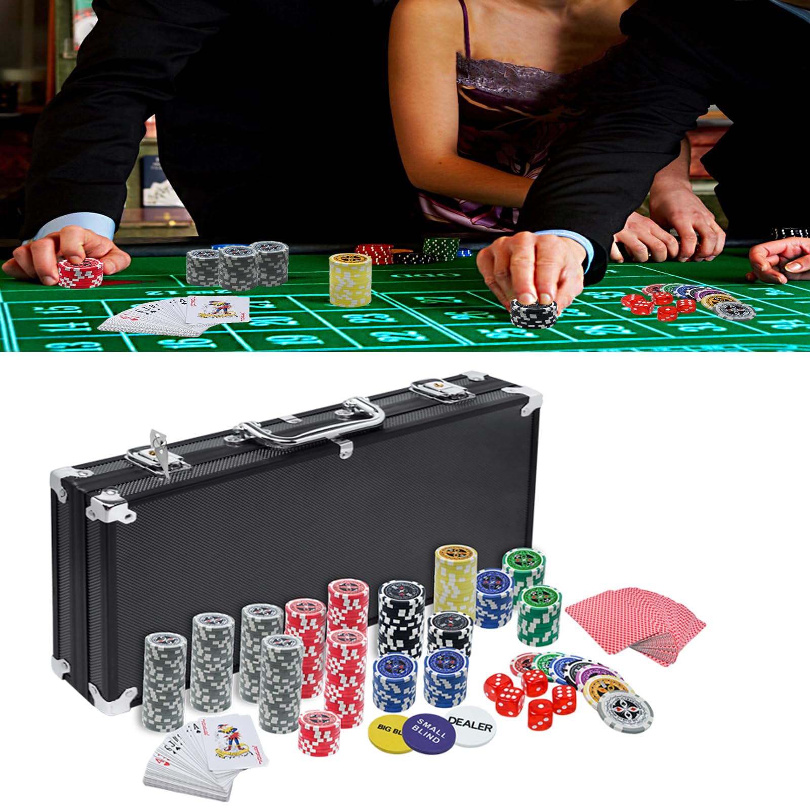 Pokerkoffer Pokerset mit 500 Laser Pokerchips mit Aluminium Gehäuse, 2X Pokerdecks, 5X Würfel, 3X Dealer Button Pokerkoffer Komplett Set (Schwarz)