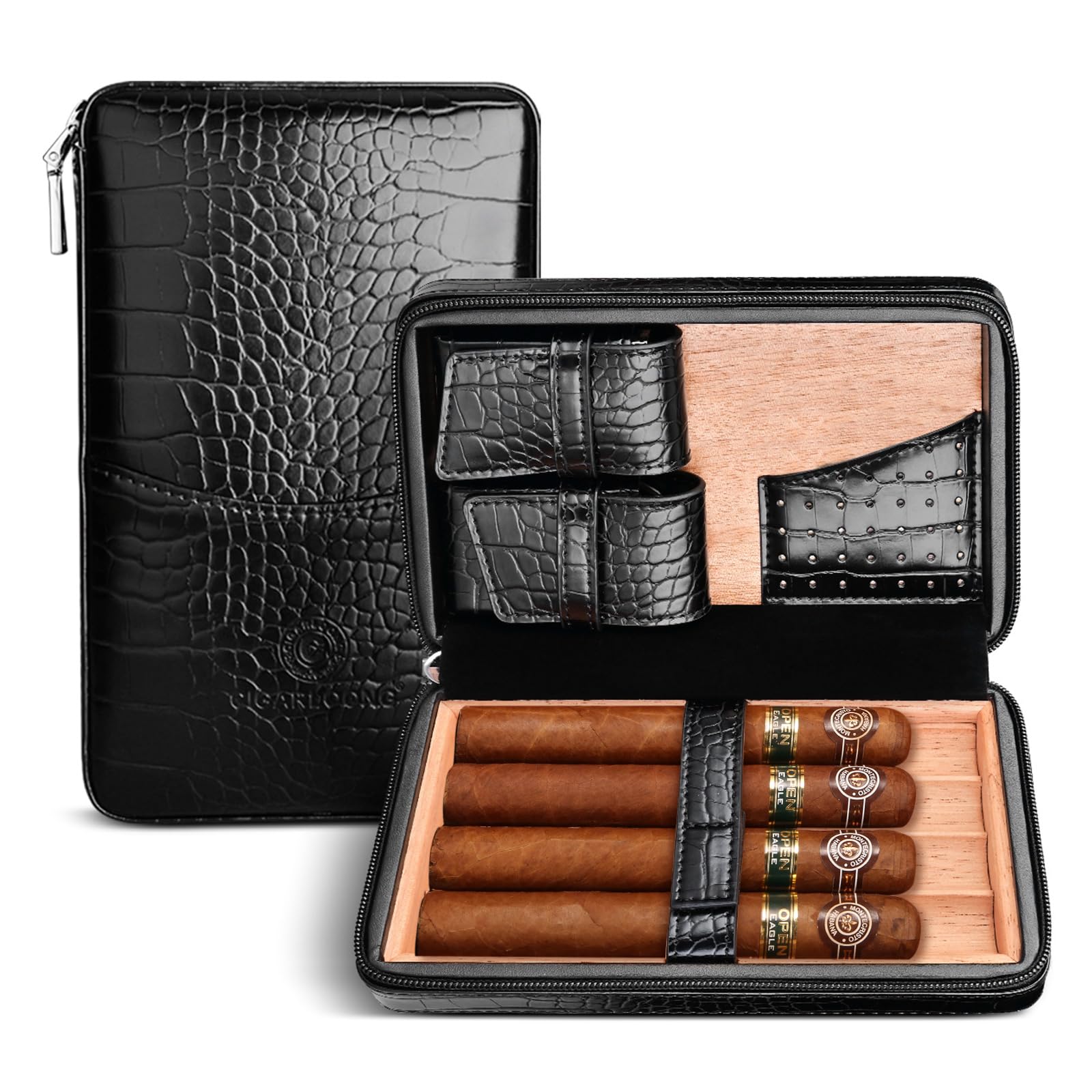 CIGARLOONG Cigar Humidor Leather Travel Case Built-in Removable Cedar Tray Hold up to 4 Cigar with Multifunction Bag(Bright Black)