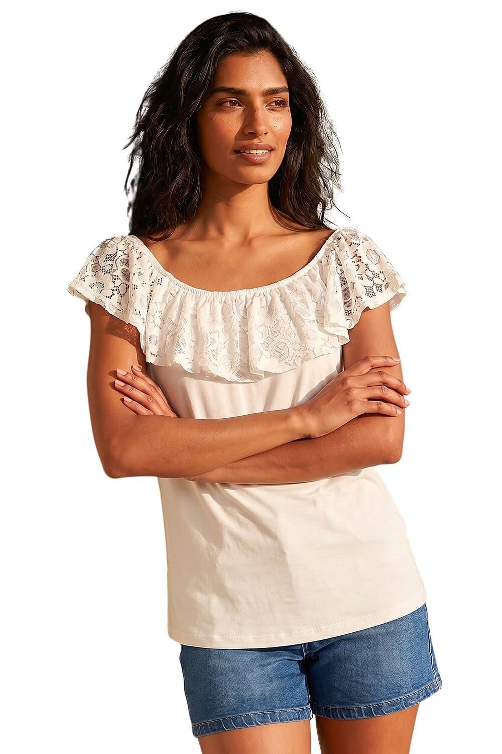Roman Women's Ivory Lace Trim Bardot Top In Size 20