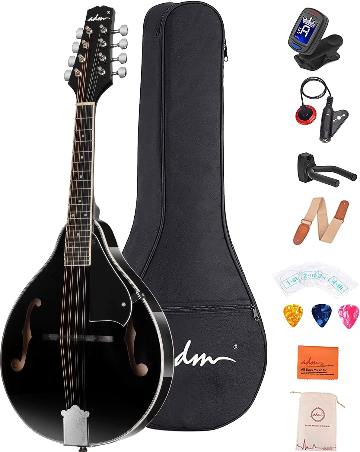 ADM Acoustic Mandolin Instrument Kit Music A Style for Kids Students Adults Wood Mandolins Beginner Set With Bag, Tuner, EQ, Strap, Strings, Picks and Hanger, Drak Black